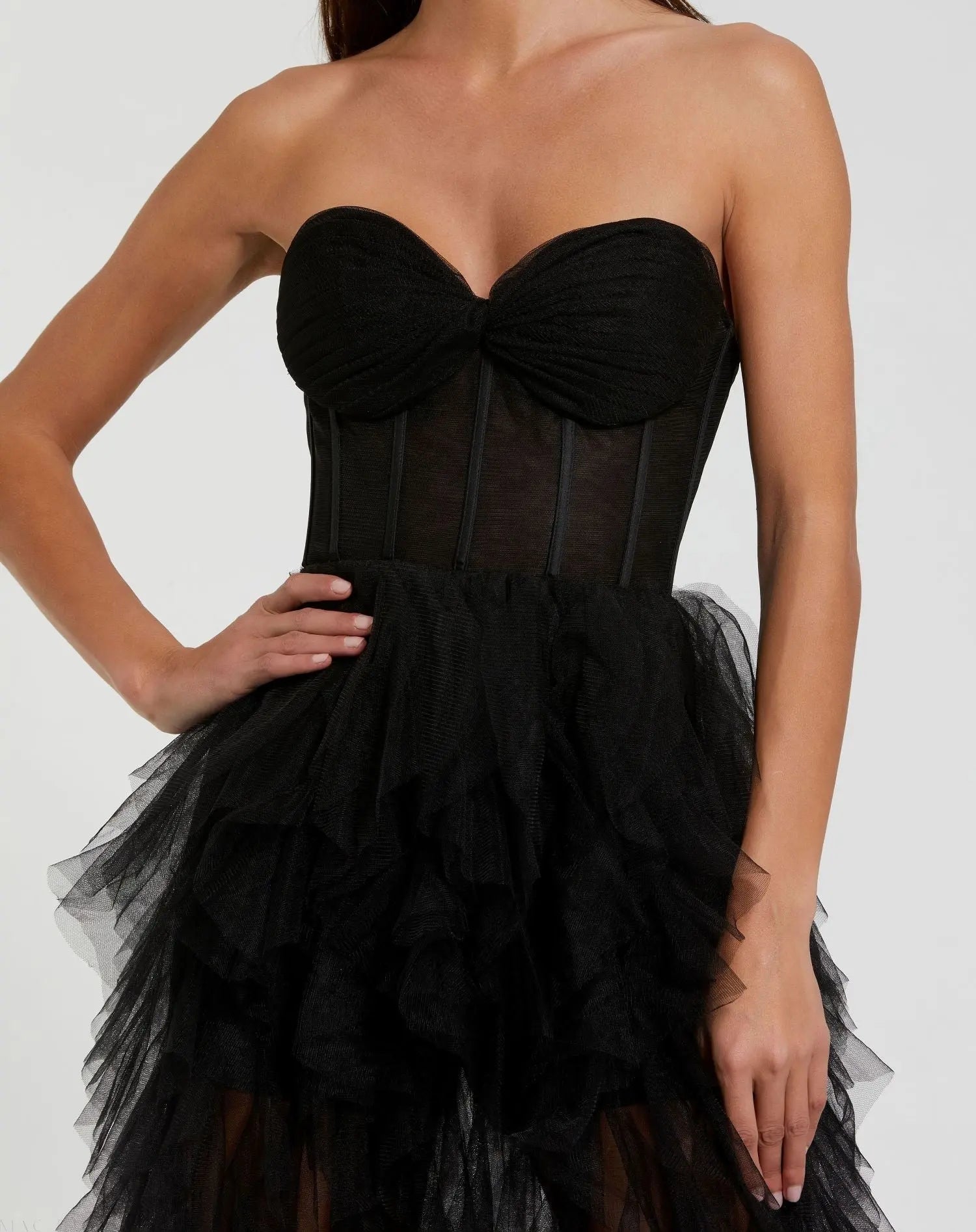 Black Strapless Bustier Net Gown With Spiral Ruffles-Myartka