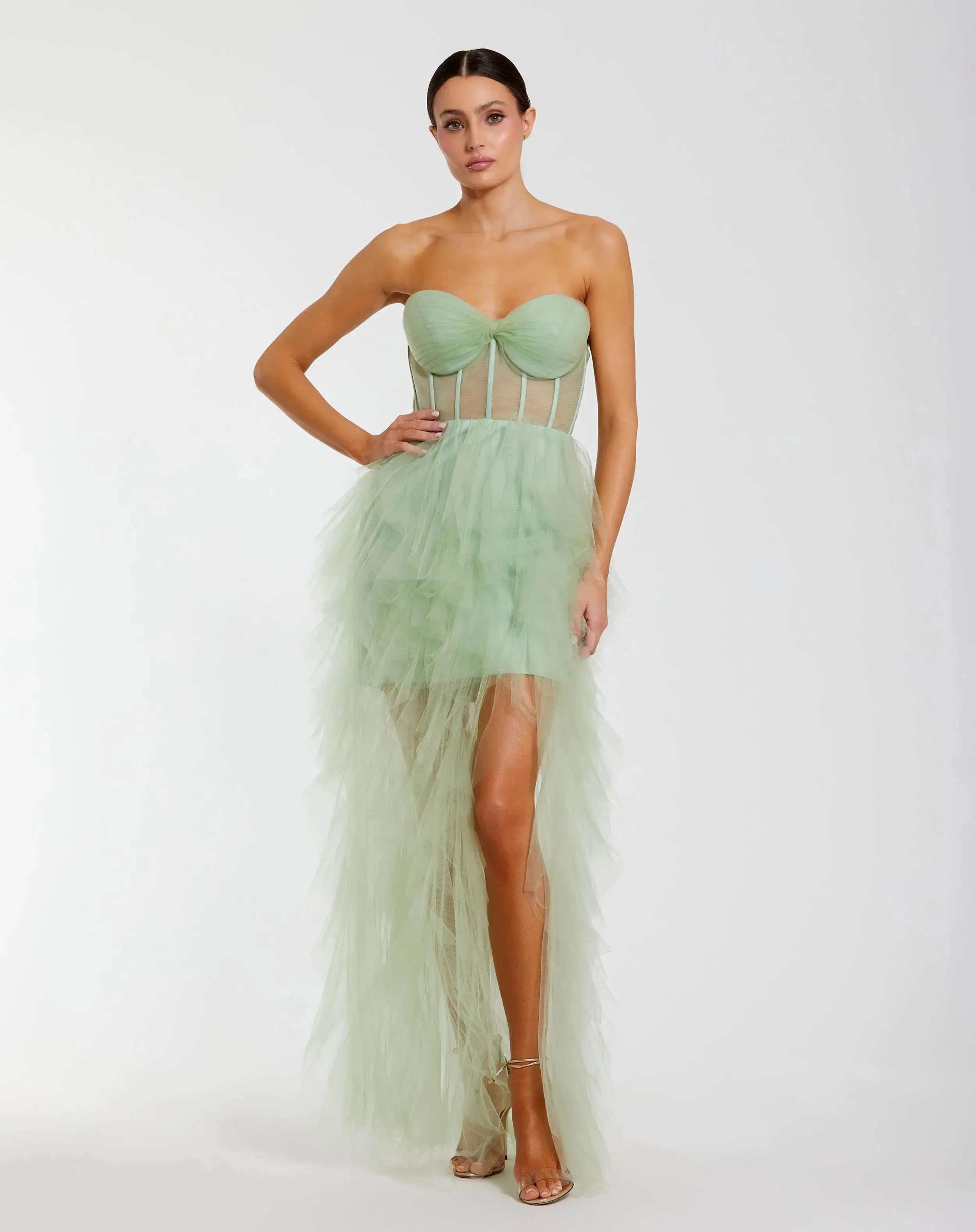 Green Strapless Corset Gown with Spiral Ruffles-Myartka