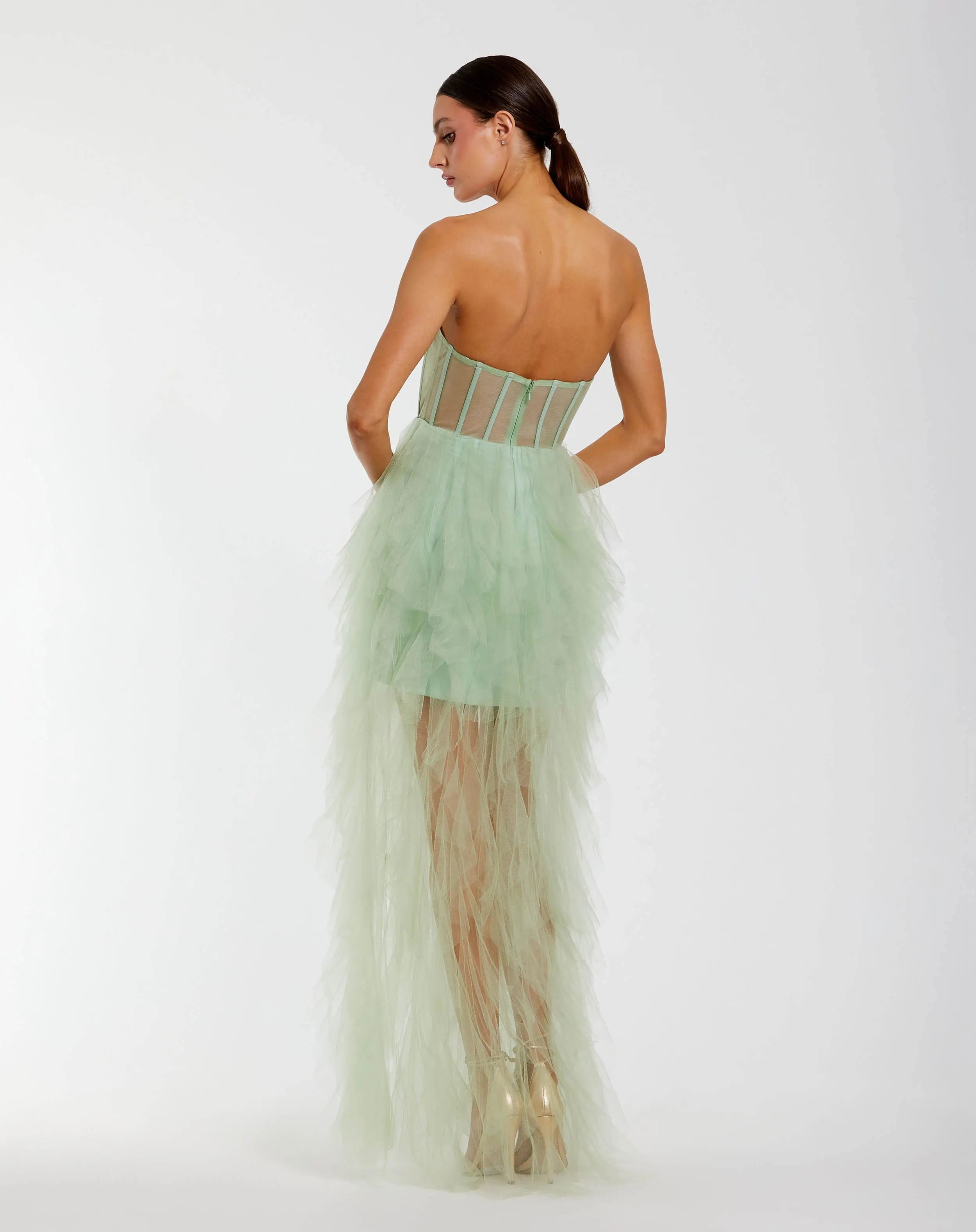 Green Strapless Corset Gown with Spiral Ruffles-Myartka
