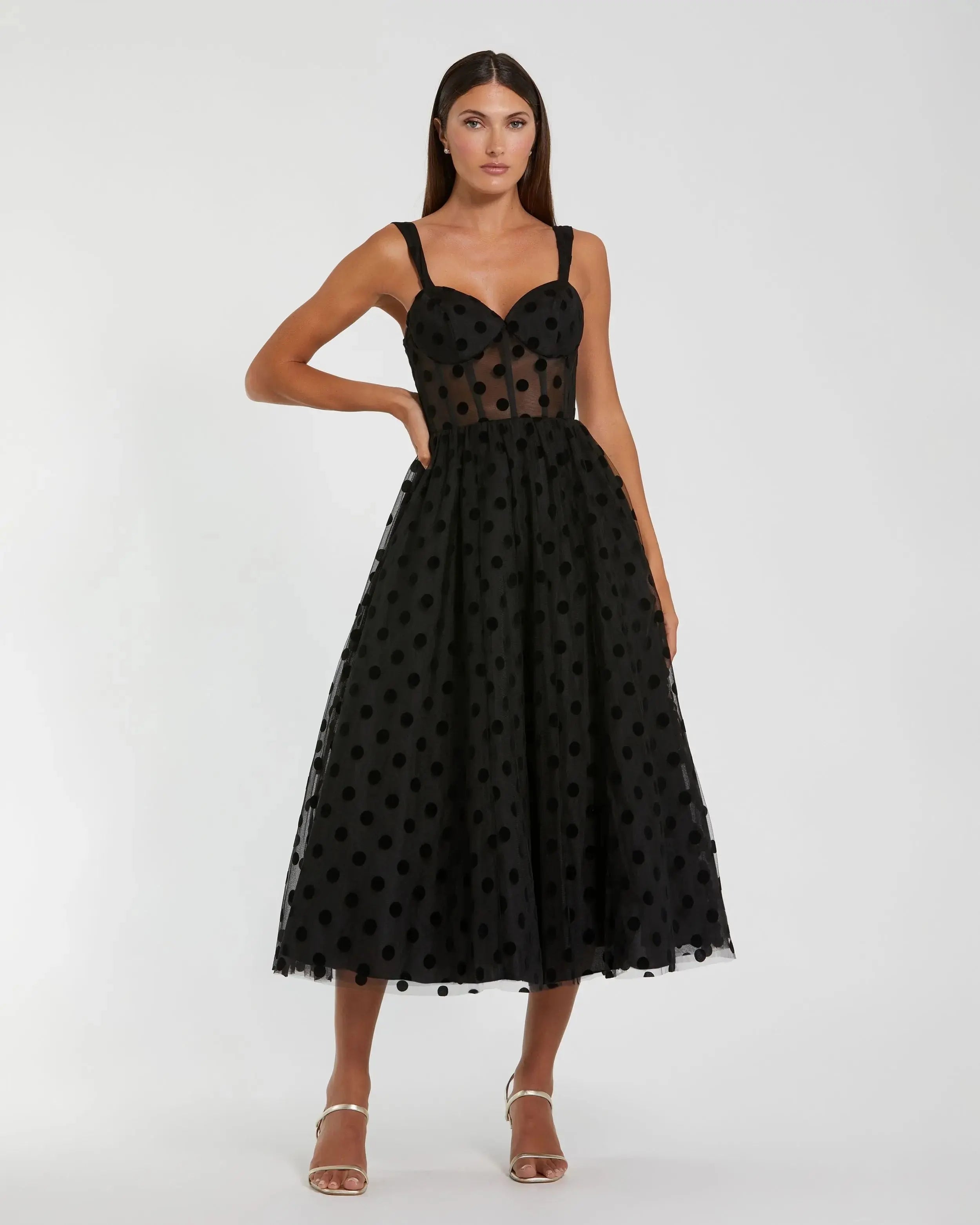 Black Polka Dot Tulle A-Line Midi Dress-Myartka