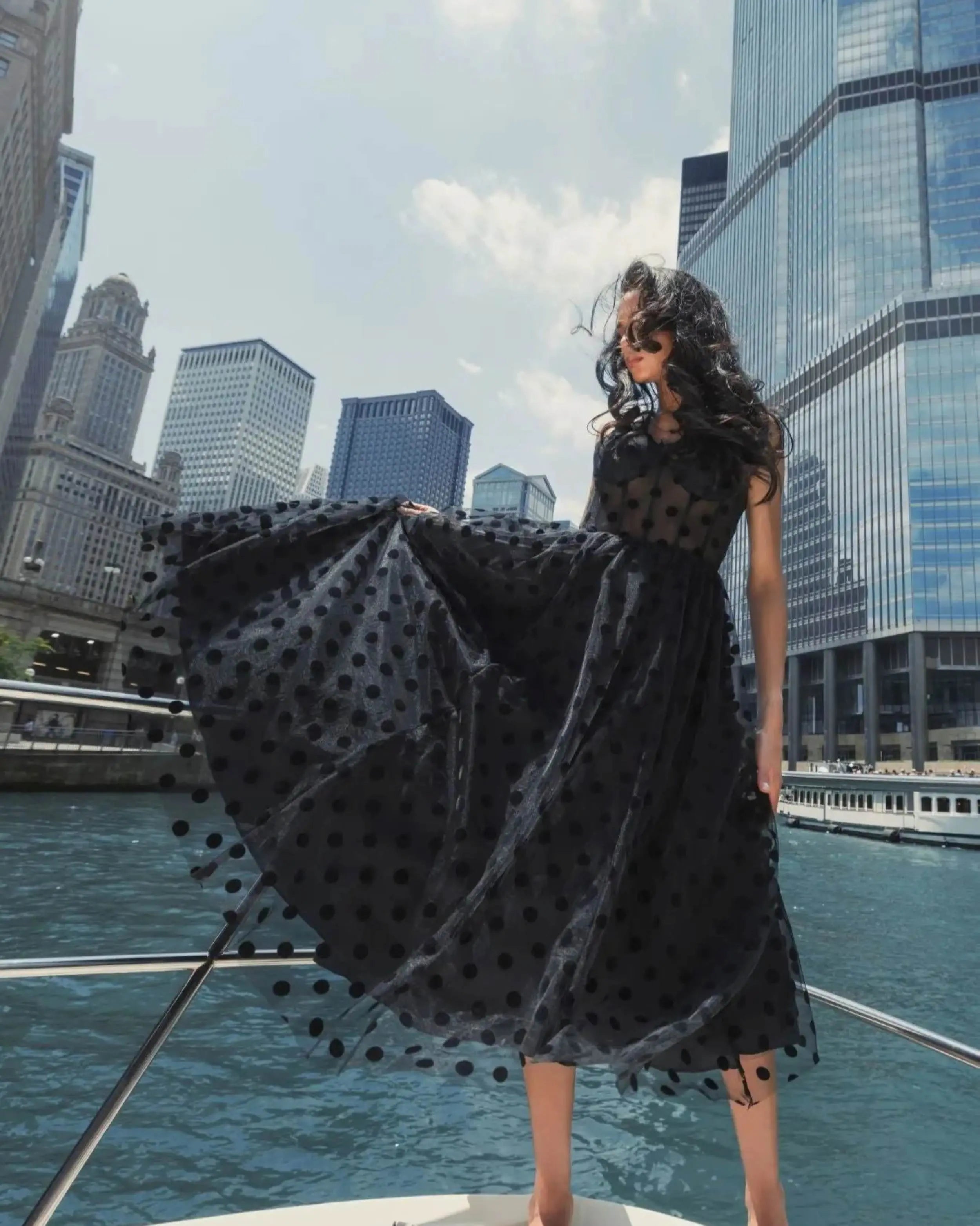 Petite Black Polka Dot Tulle A-Line Midi Dress-Myartka