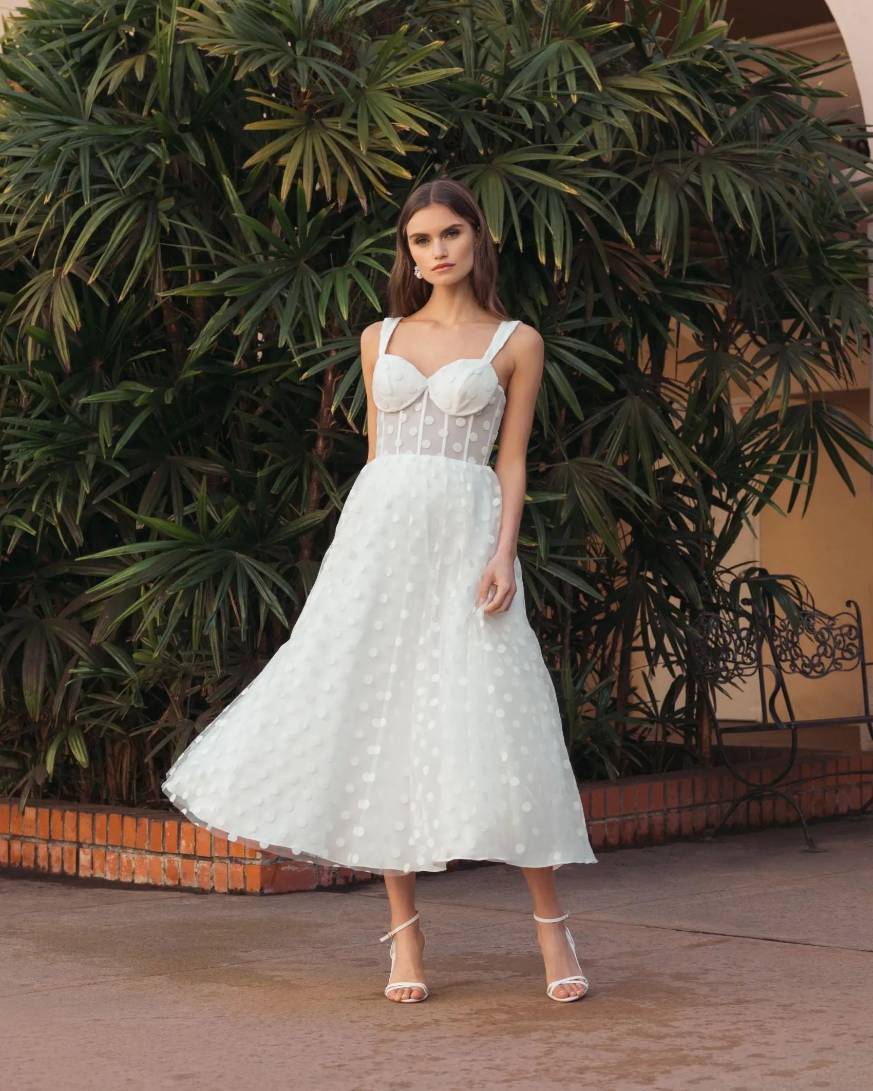 White Polka Dot Tulle A-Line Midi Dress-Myartka