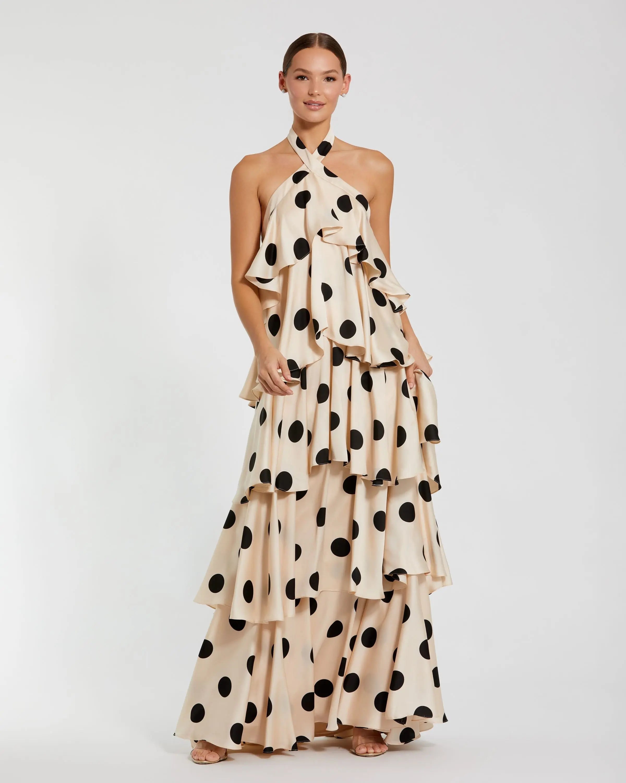 Beige Tiered Ruffle Polka Dot Charmeuse Gown-Myartka