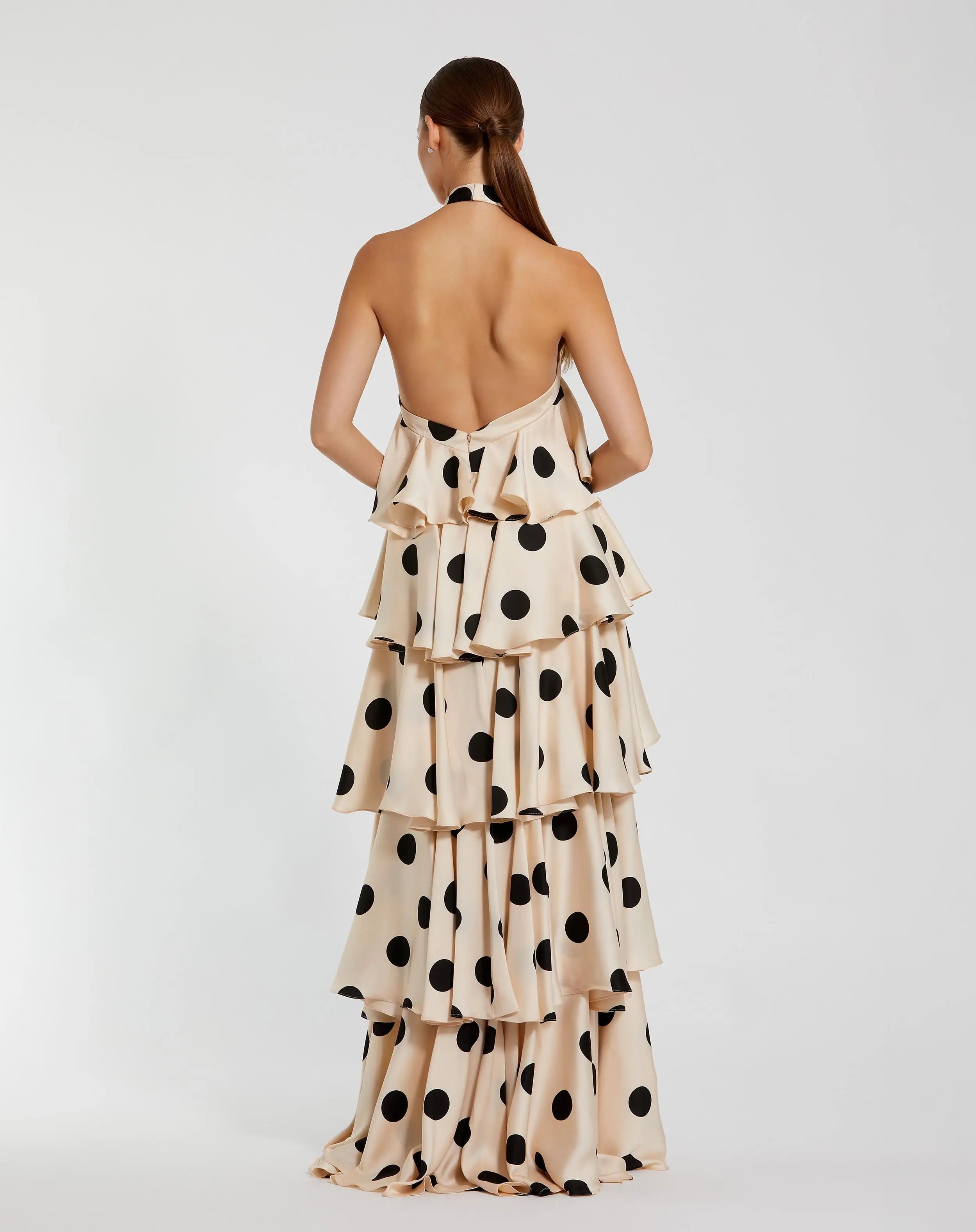 Beige Tiered Ruffle Polka Dot Charmeuse Gown-Myartka