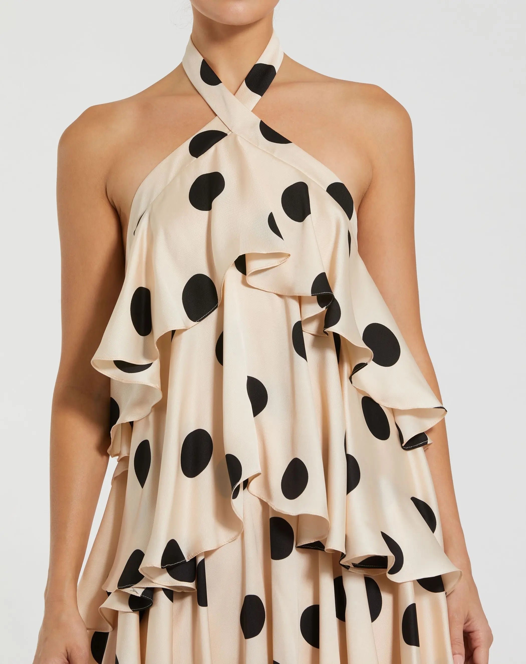 Beige Tiered Ruffle Polka Dot Charmeuse Gown-Myartka