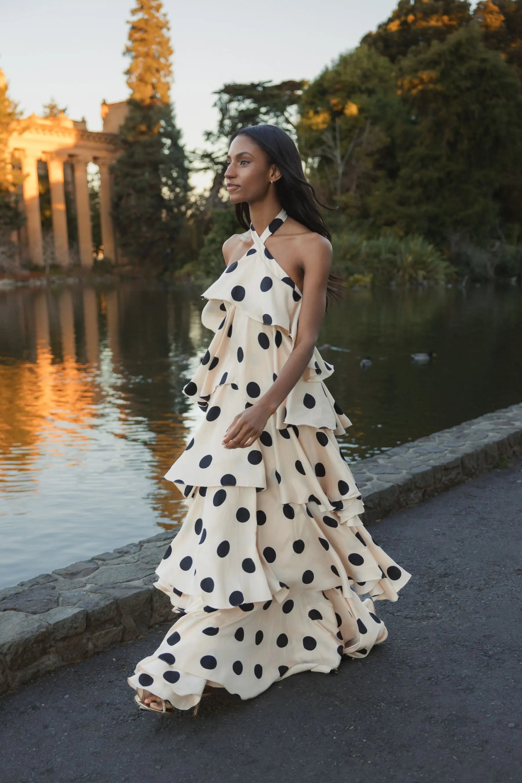 Beige Tiered Ruffle Polka Dot Charmeuse Gown-Myartka