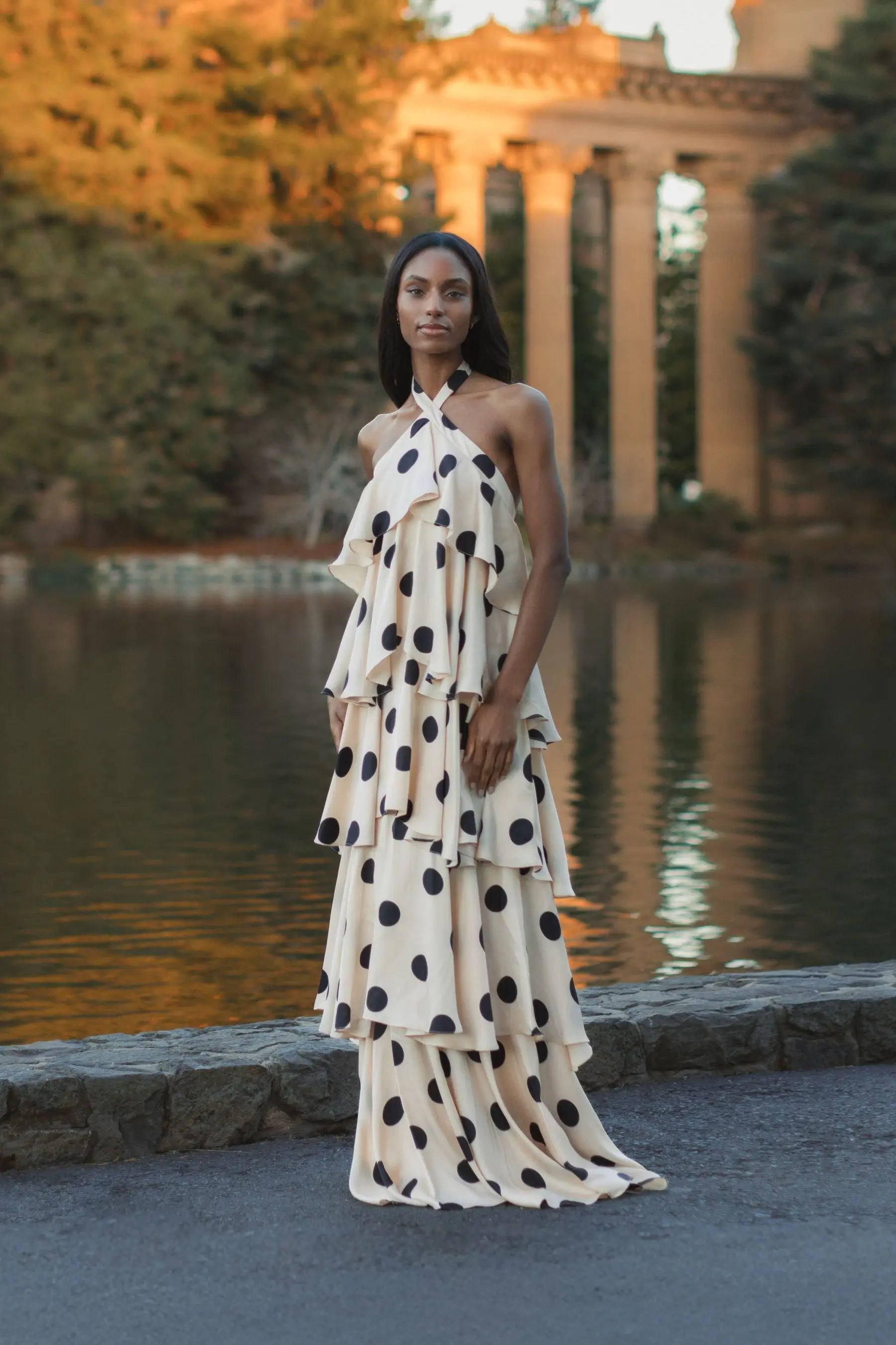 Beige Tiered Ruffle Polka Dot Charmeuse Gown-Myartka