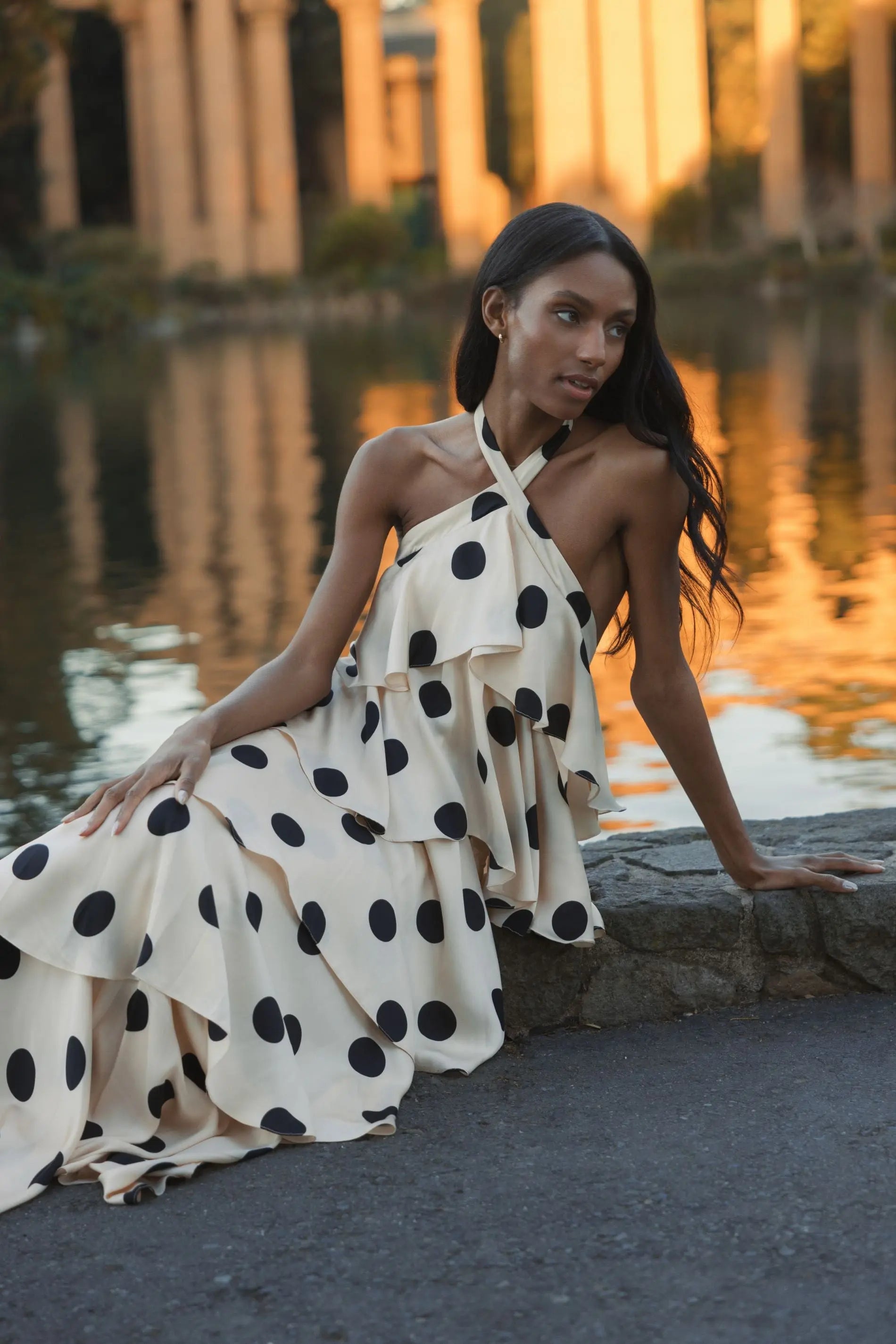 Beige Tiered Ruffle Polka Dot Charmeuse Gown-Myartka