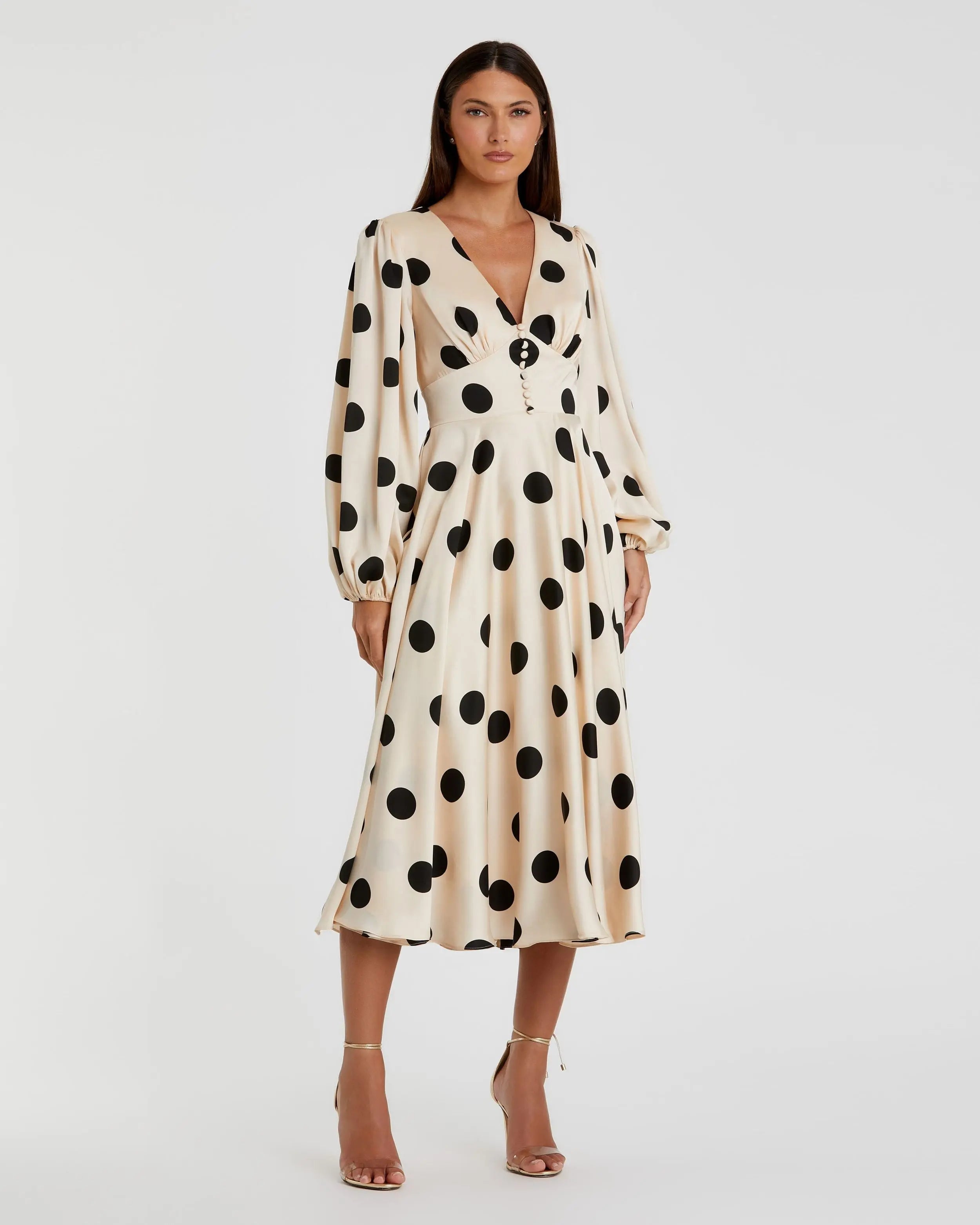 Beige Polka Dot Charmeuse Long Sleeve V Neck Midi Dress-Myartka