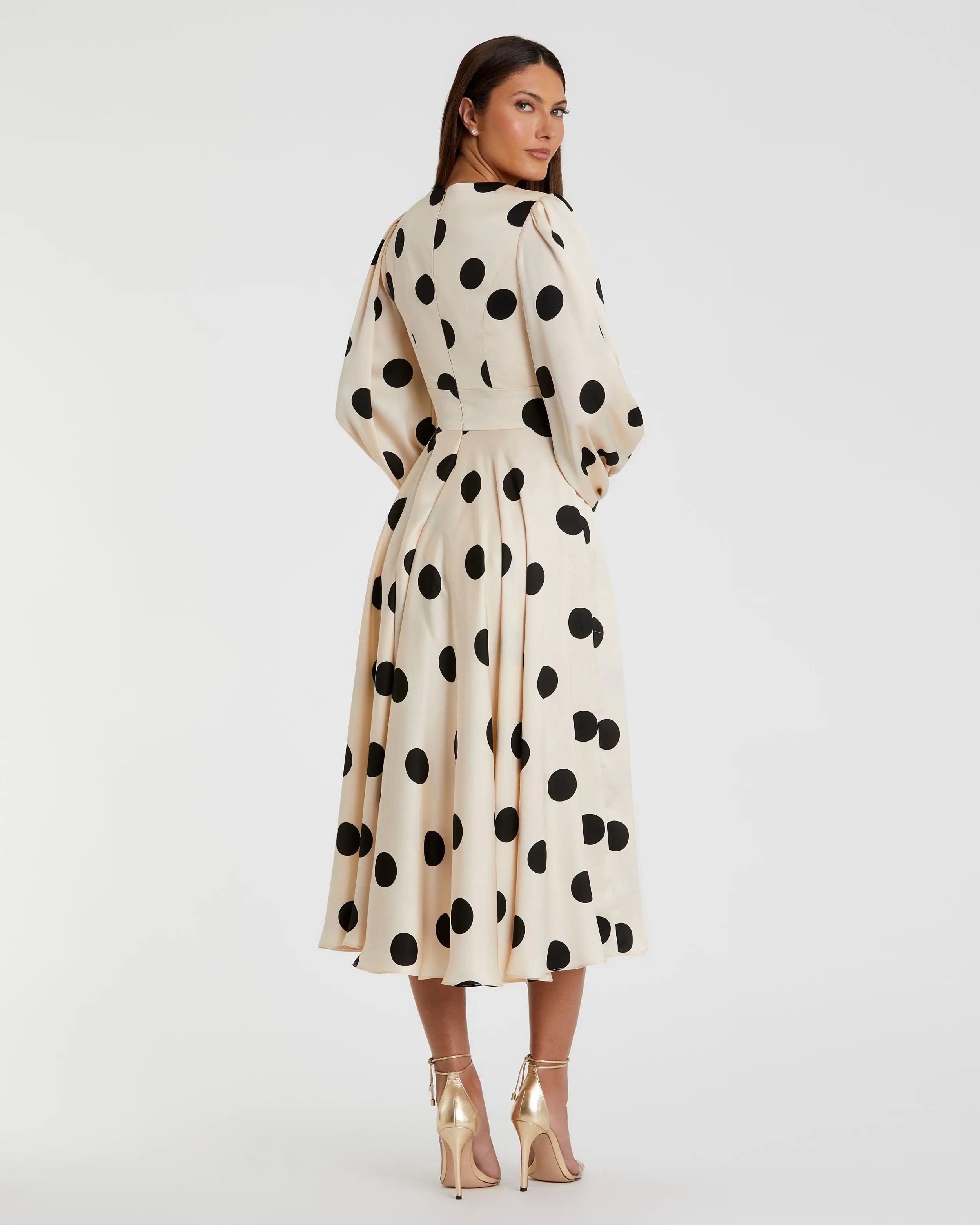 Beige Polka Dot Charmeuse Long Sleeve V Neck Midi Dress-Myartka