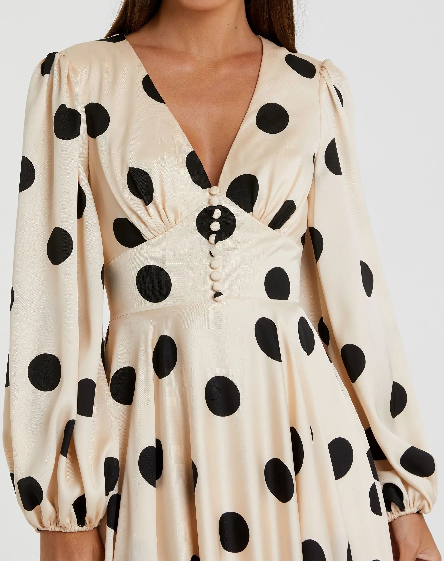 Beige Polka Dot Charmeuse Long Sleeve V Neck Midi Dress-Myartka
