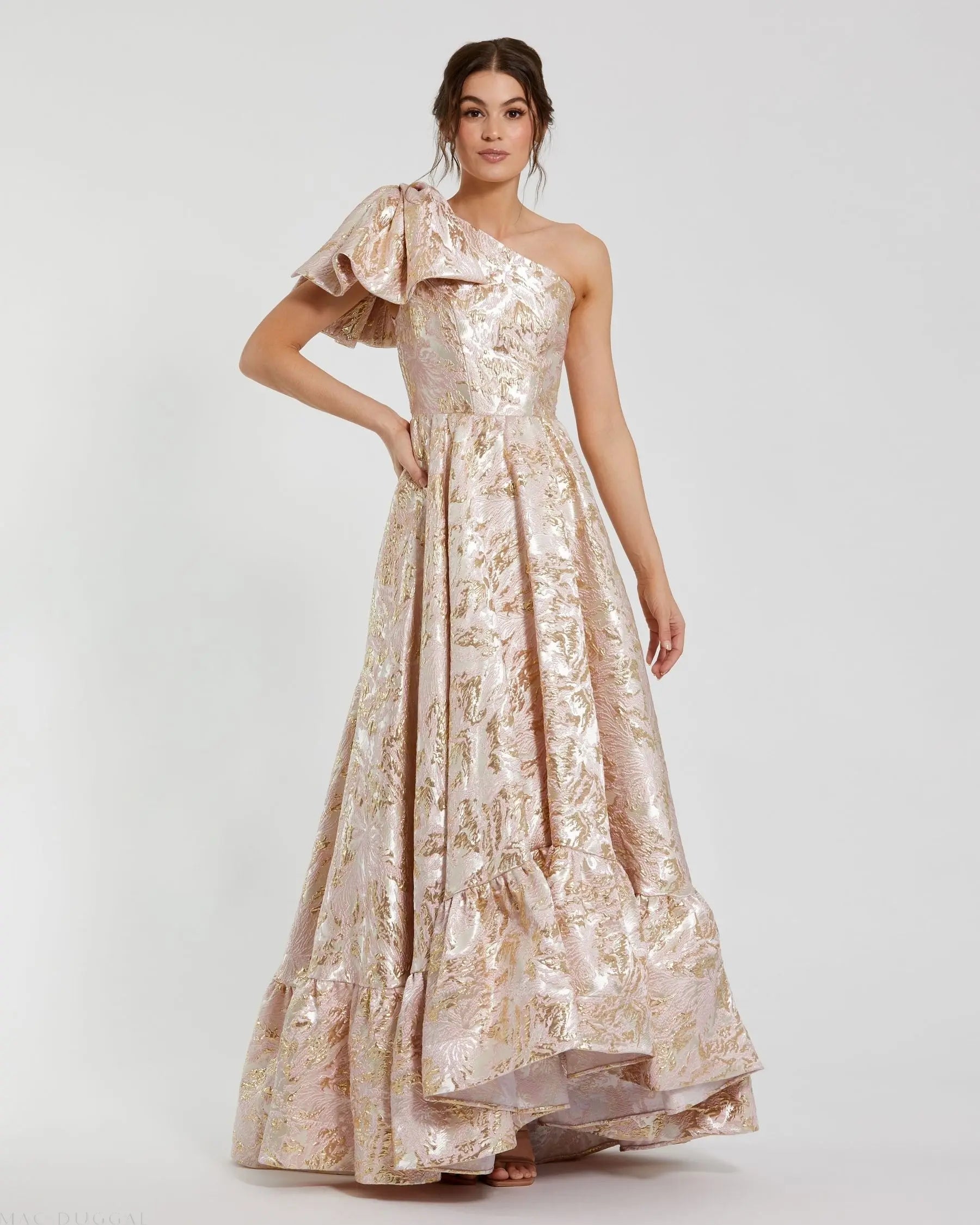 Pink Brocade One Shoulder Floral Gown With Bow-Myartka