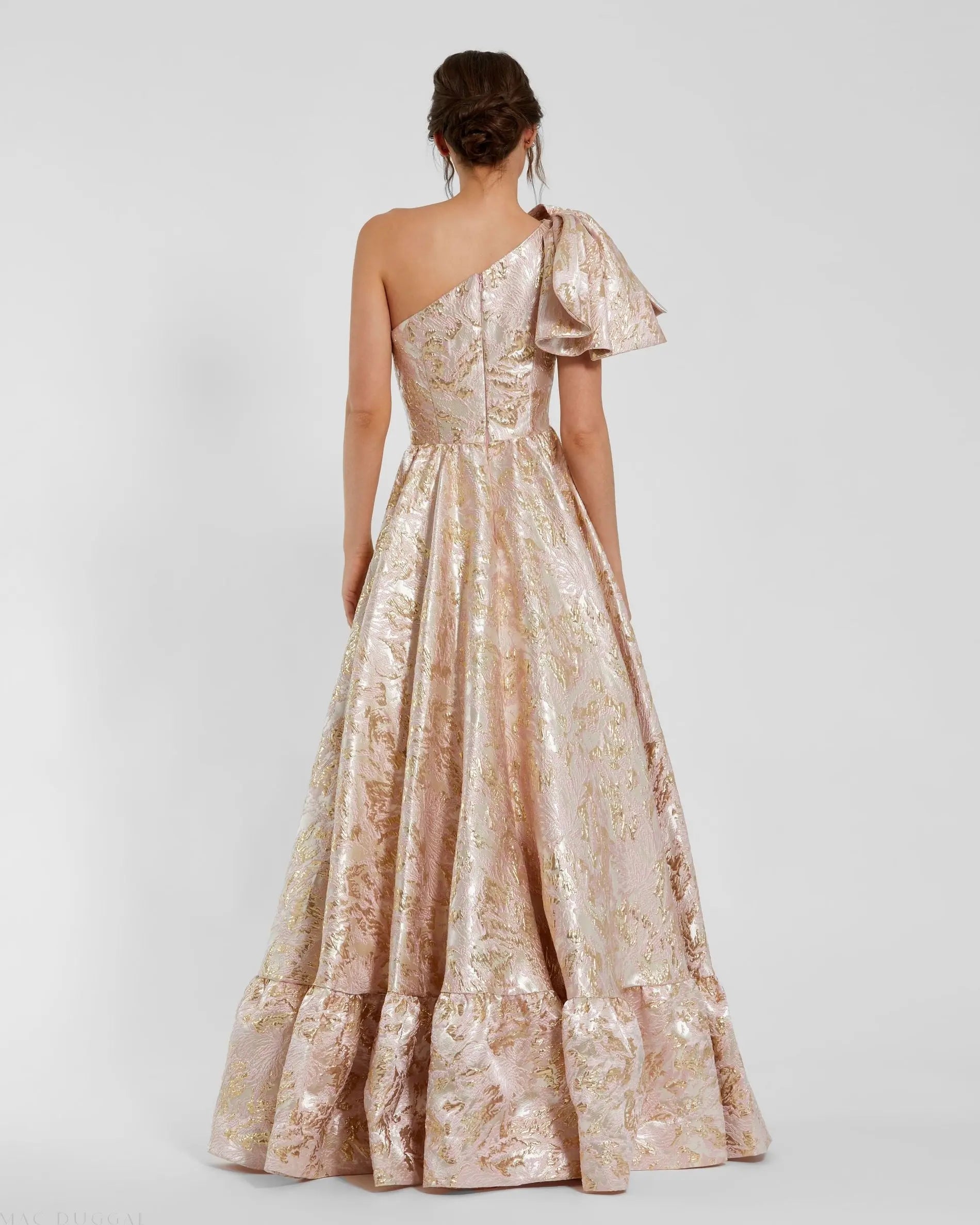 Pink Brocade One Shoulder Floral Gown With Bow-Myartka