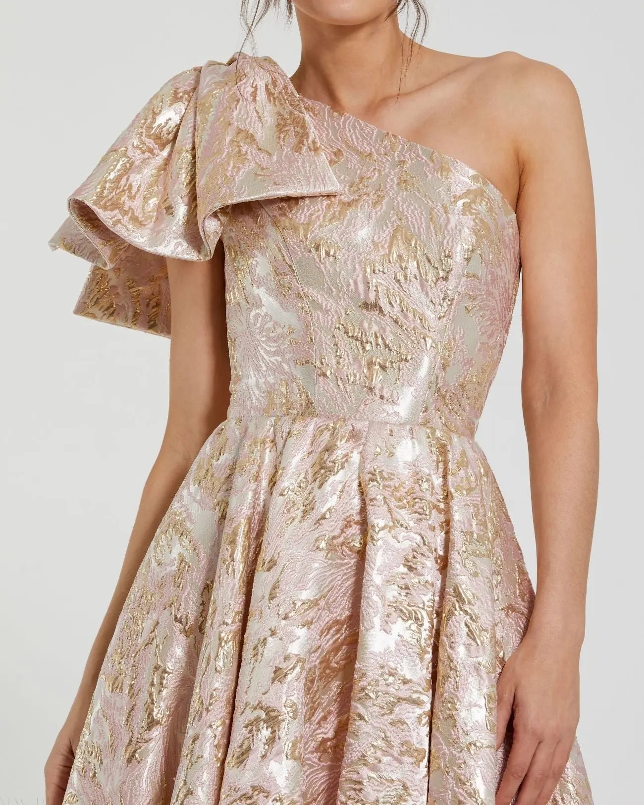 Pink Brocade One Shoulder Floral Gown With Bow-Myartka