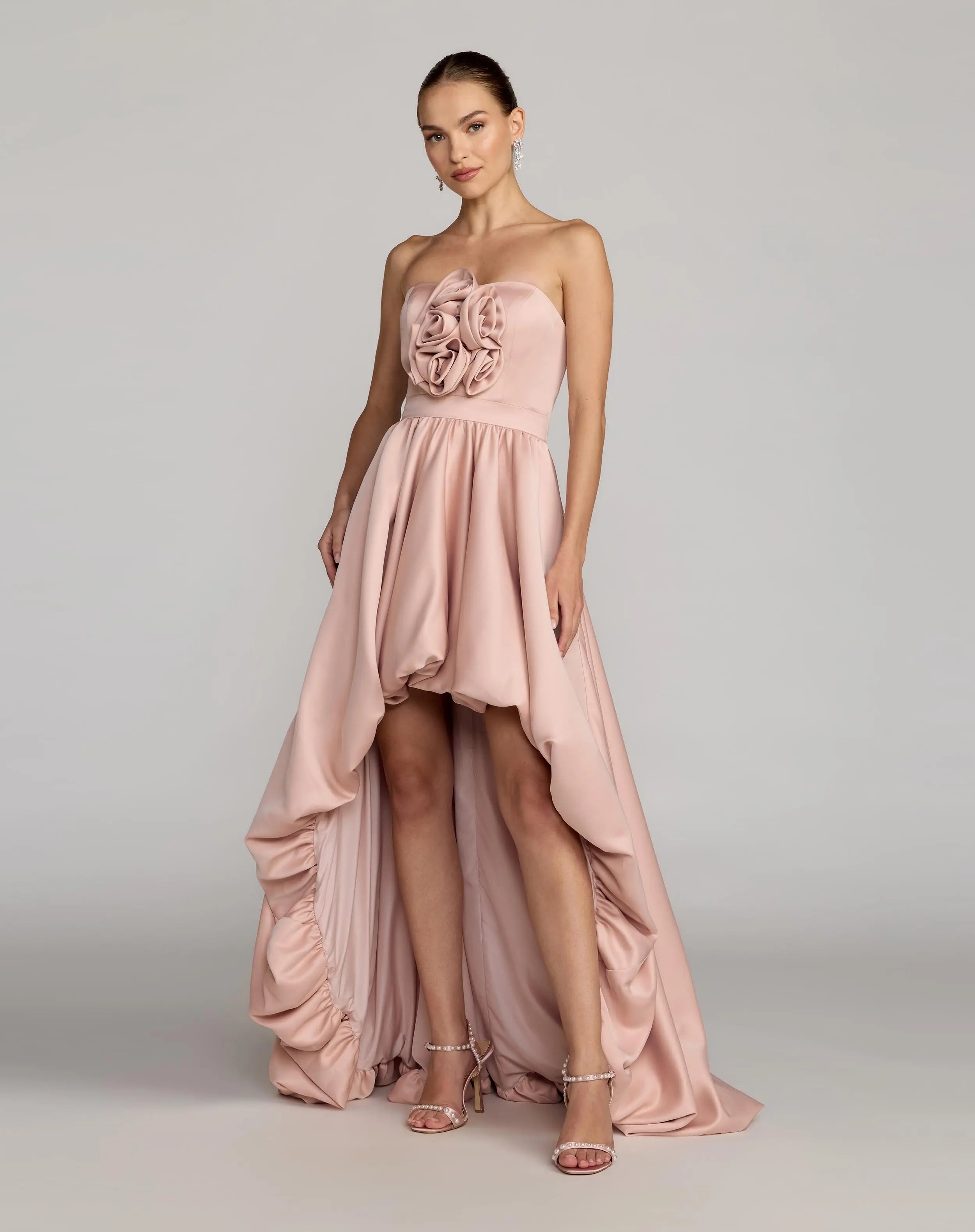 Pink Strapless Satin High Low Gown with Rosettes-Myartka