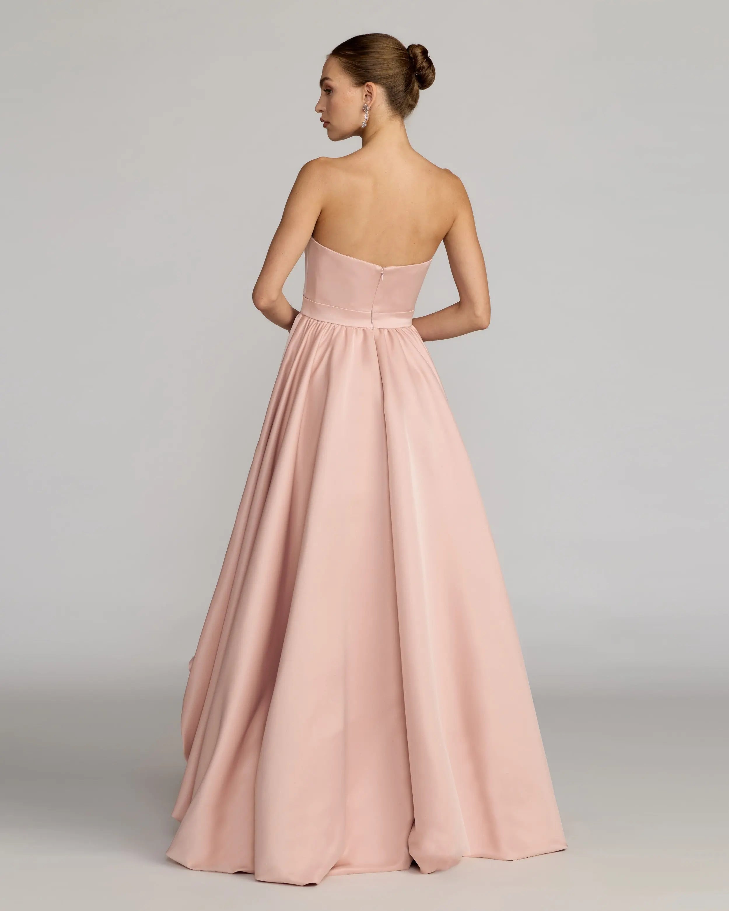 Pink Strapless Satin High Low Gown with Rosettes-Myartka