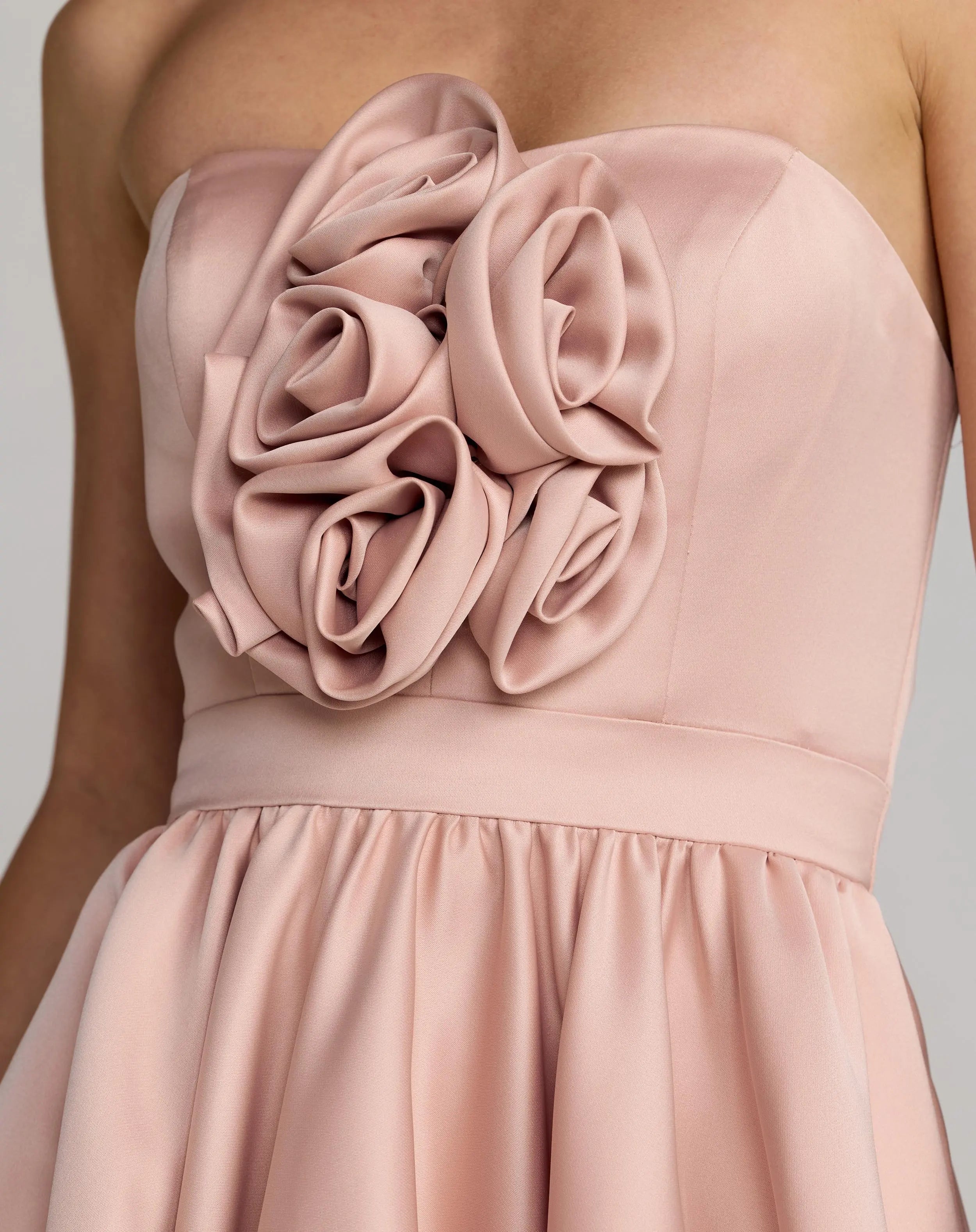 Pink Strapless Satin High Low Gown with Rosettes-Myartka