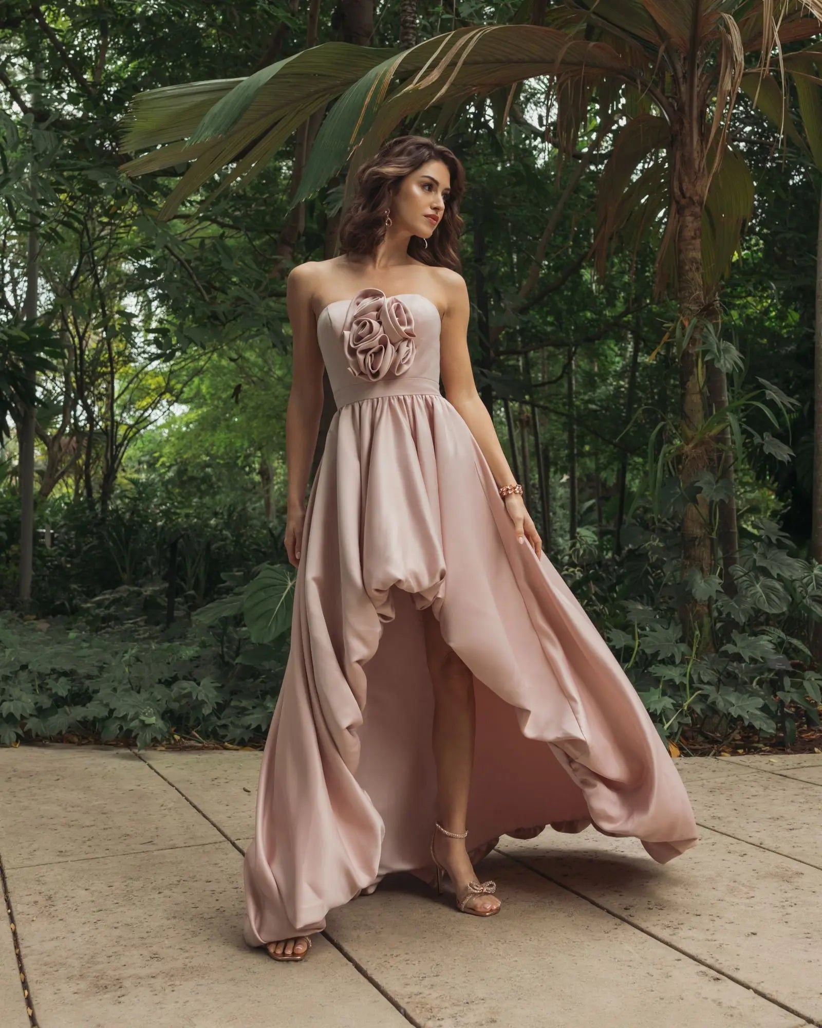 Pink Strapless Satin High Low Gown with Rosettes-Myartka