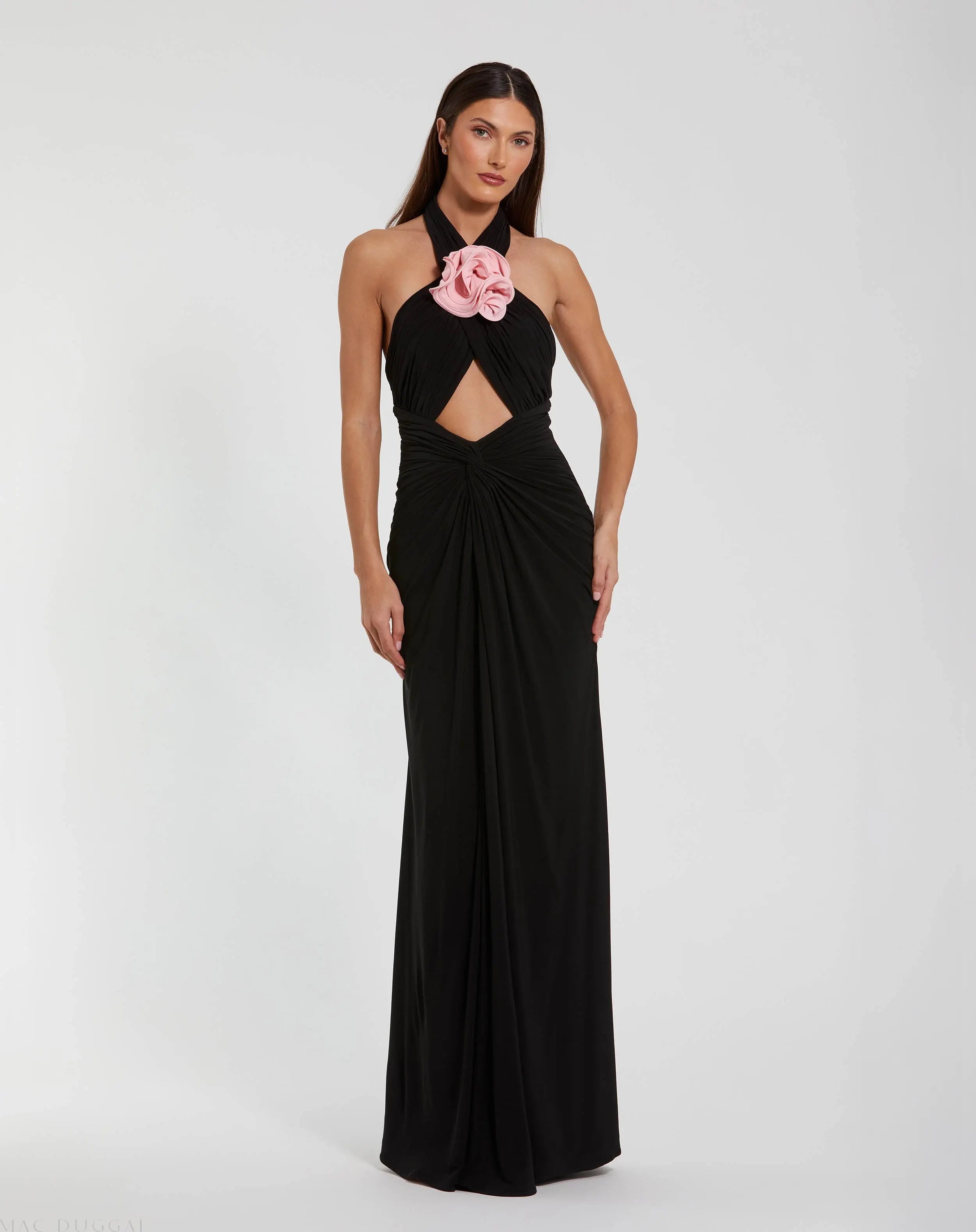 Black Jersey Crossover Halter Neck Gown With 3D Flower-Myartka