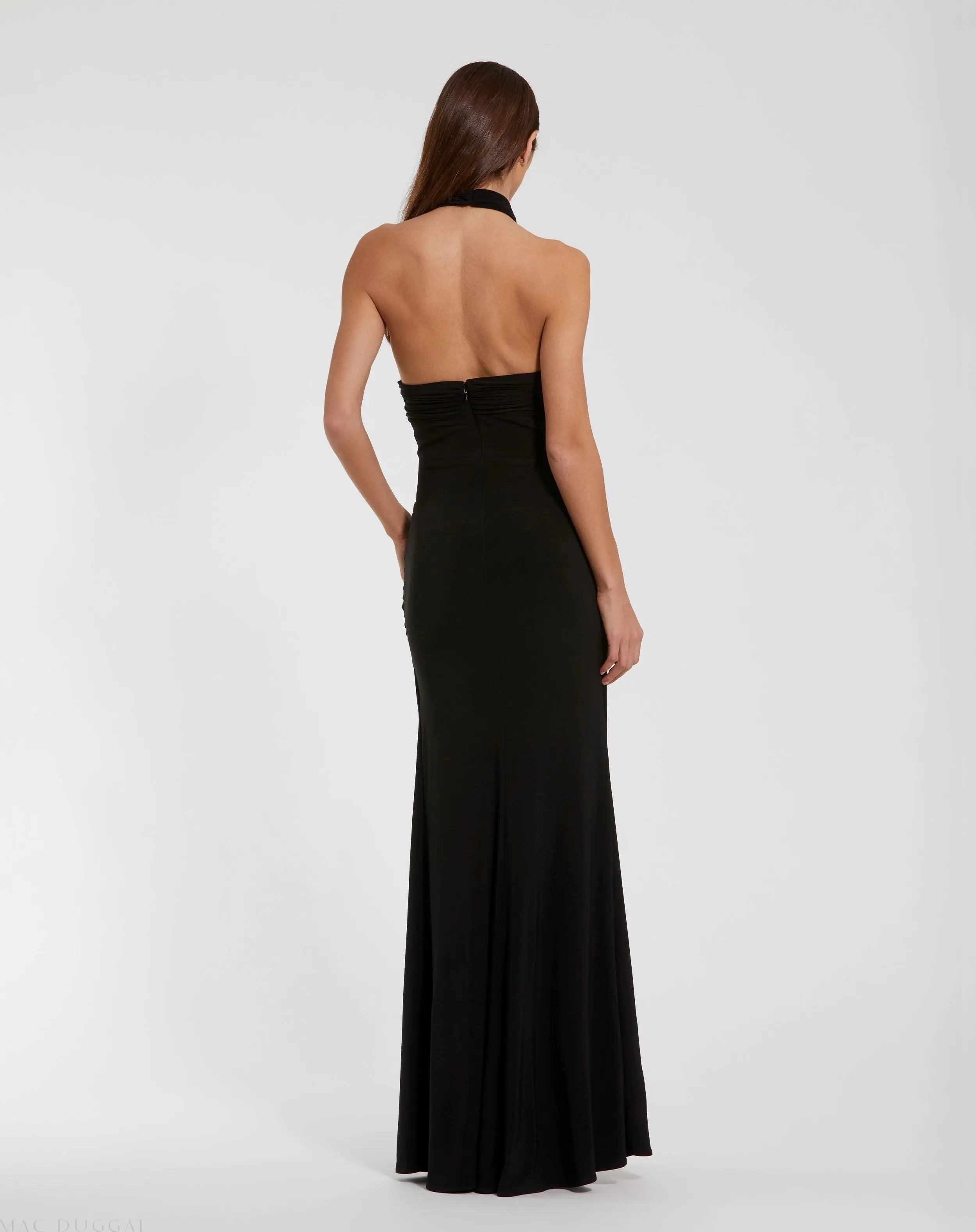 Black Jersey Crossover Halter Neck Gown With 3D Flower-Myartka