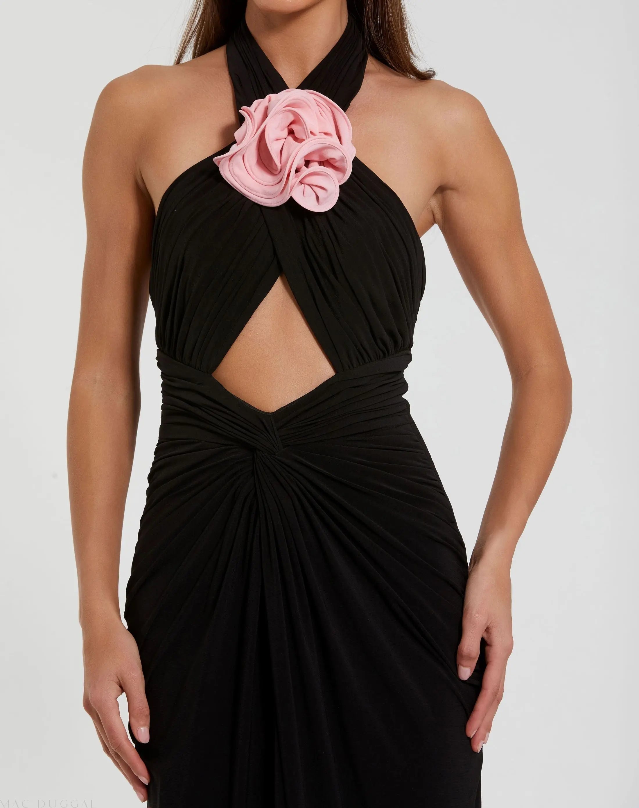Black Jersey Crossover Halter Neck Gown With 3D Flower-Myartka