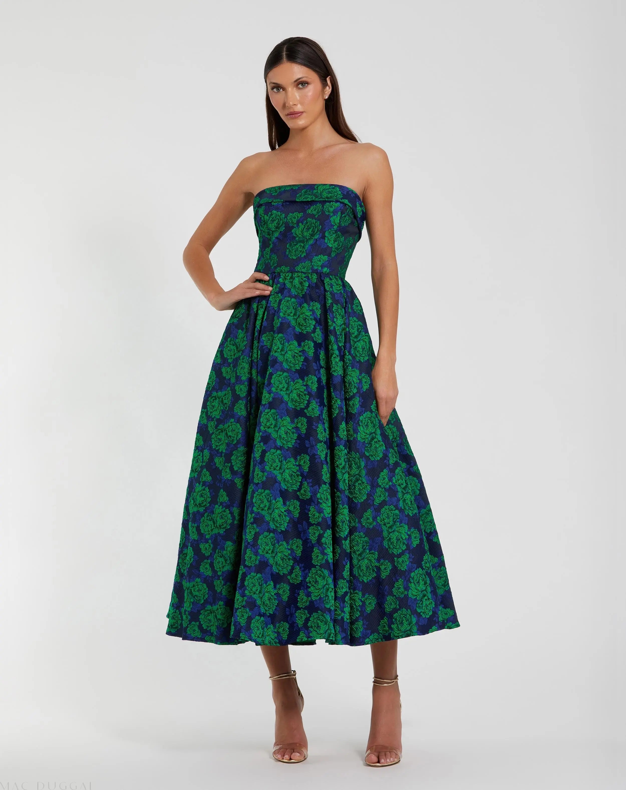 Blue and Green Brocade Strapless A Line Midi Dress-Myartka