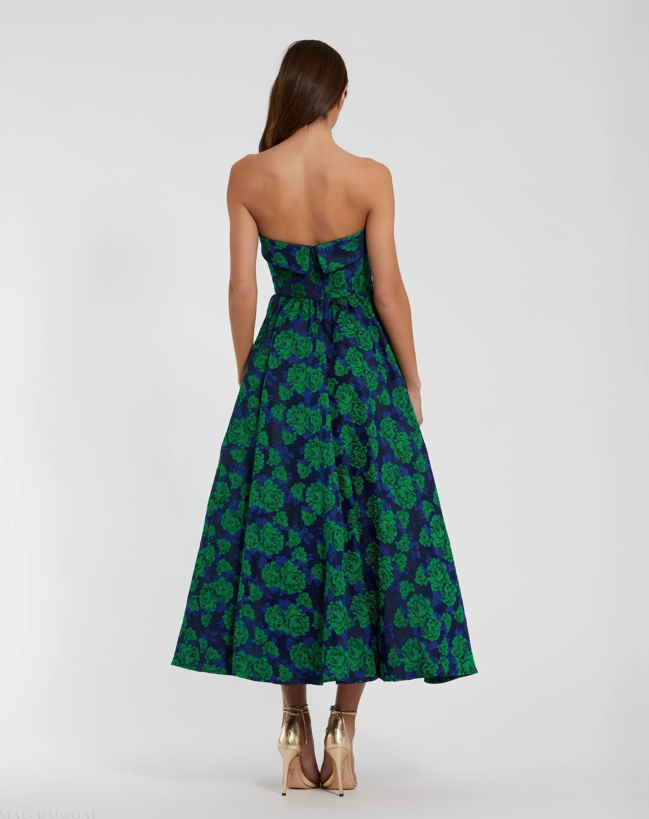 Blue and Green Brocade Strapless A Line Midi Dress-Myartka