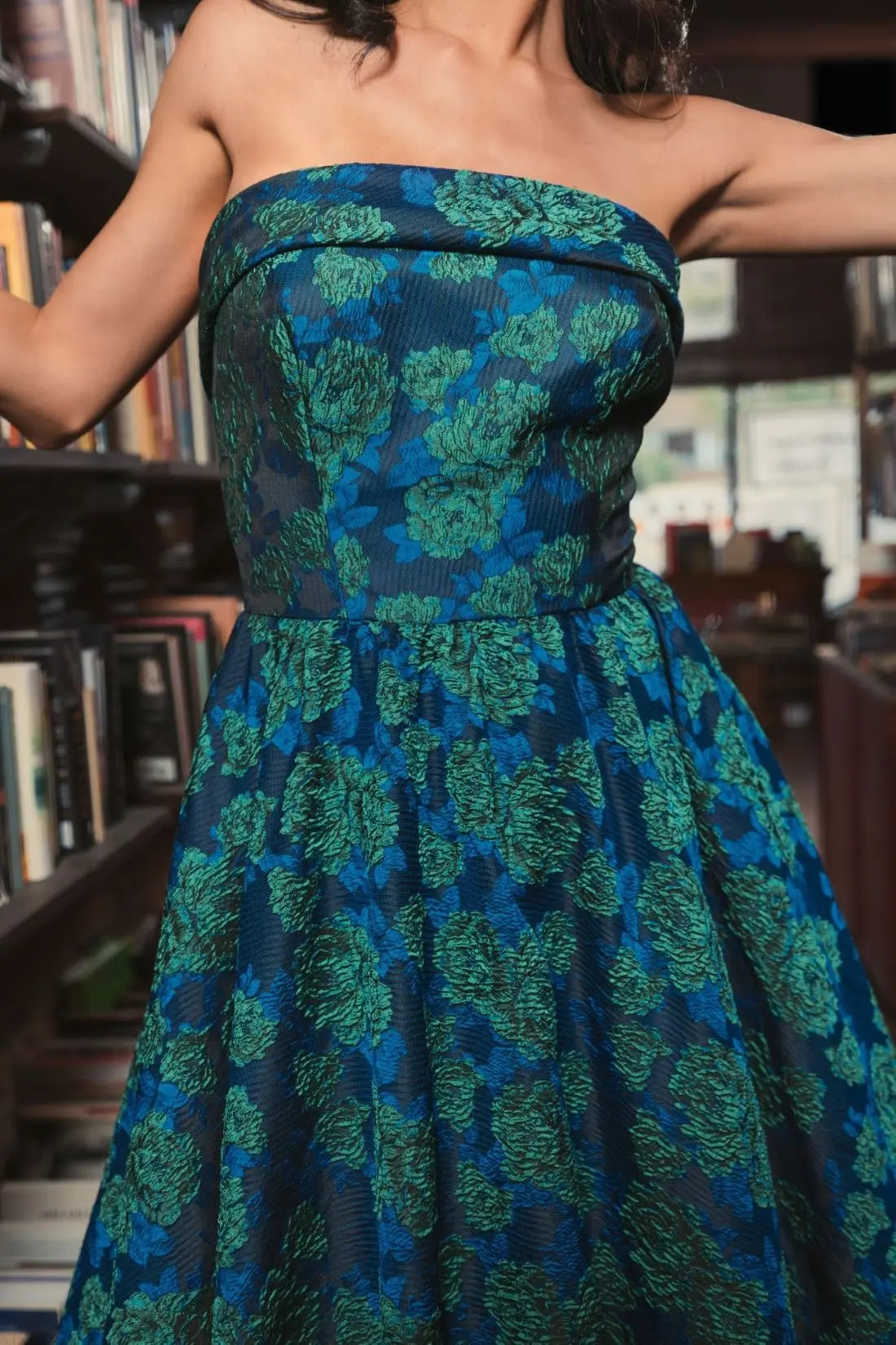 Blue and Green Brocade Strapless A Line Midi Dress-Myartka