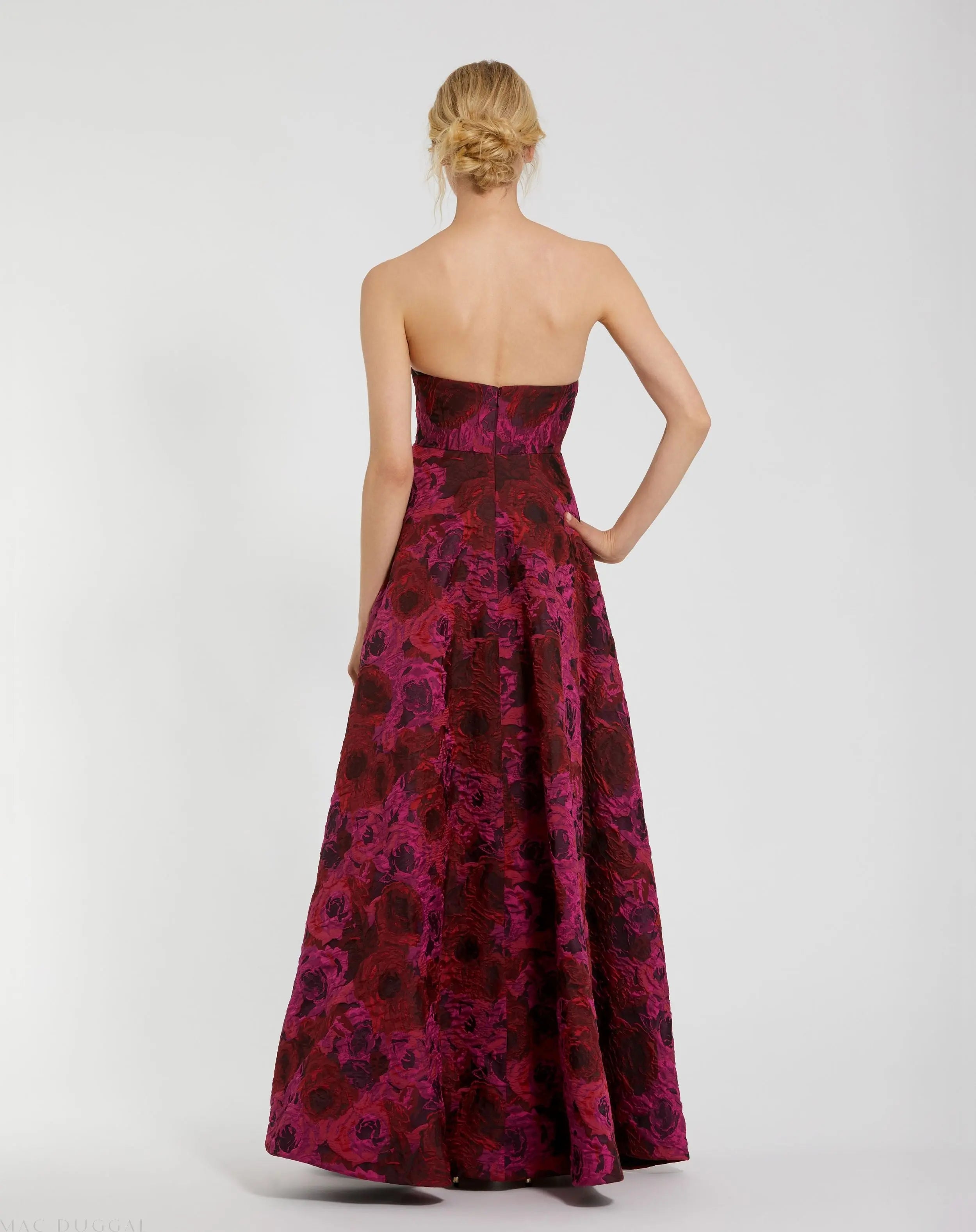 Multicolor Strapless Brocade High Low A Line Gown-Myartka