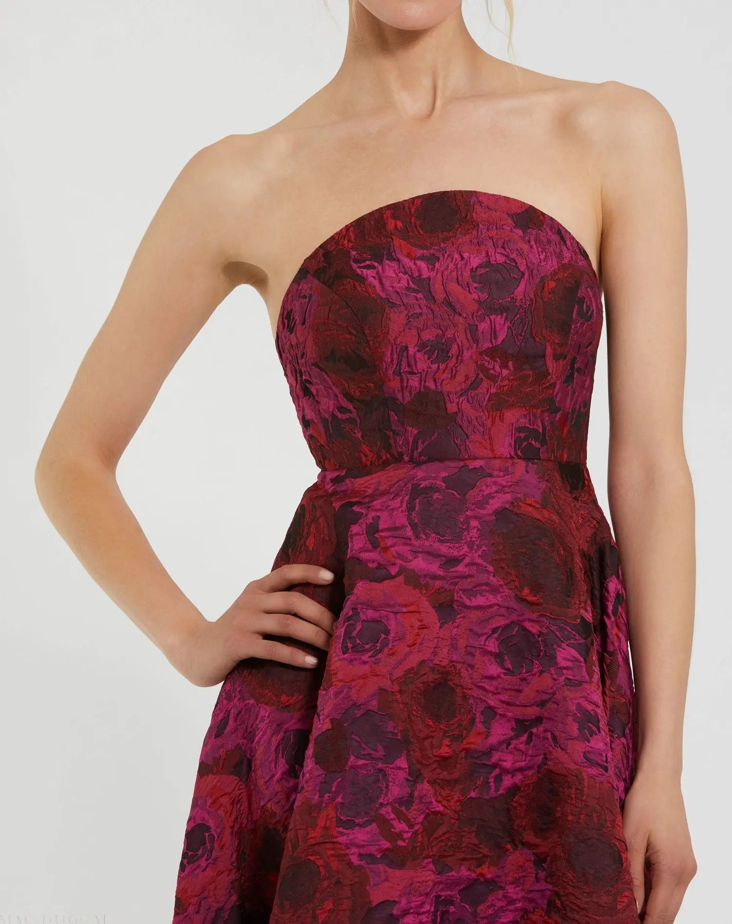 Multicolor Strapless Brocade High Low A Line Gown-Myartka