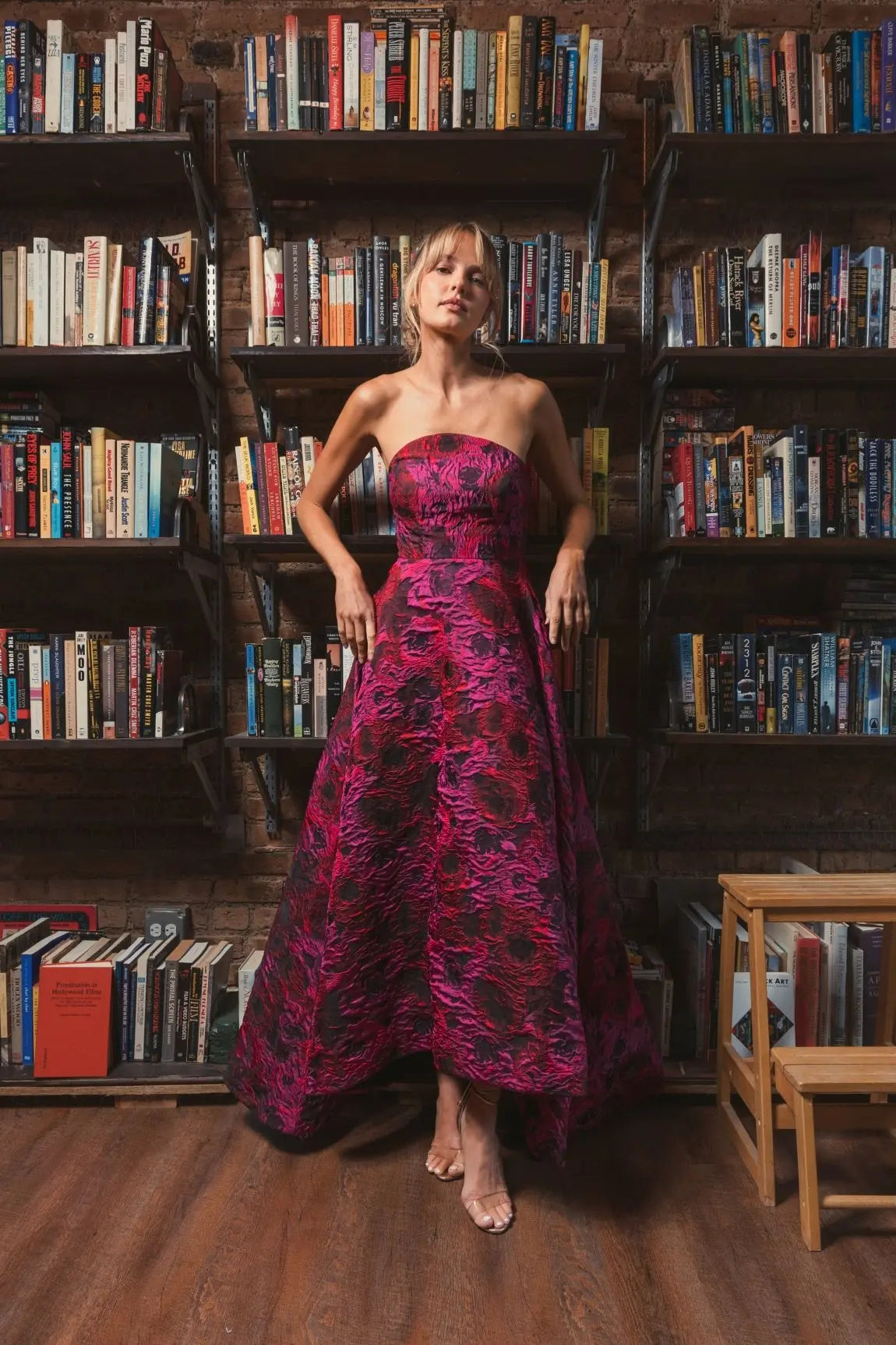 Multicolor Strapless Brocade High Low A Line Gown-Myartka