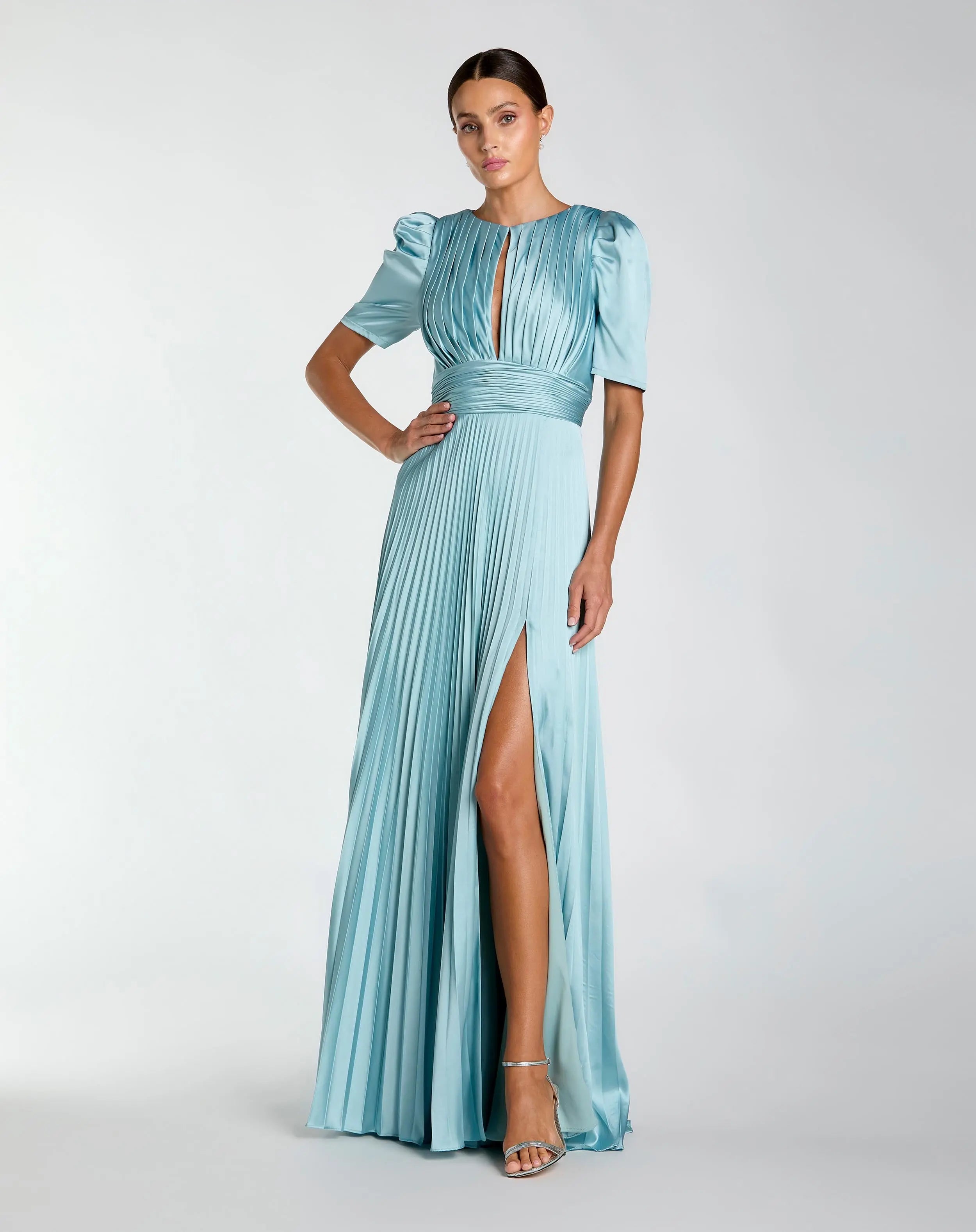Blue Pleated Charmeuse Puff Sleeve Gown With Slit-Myartka