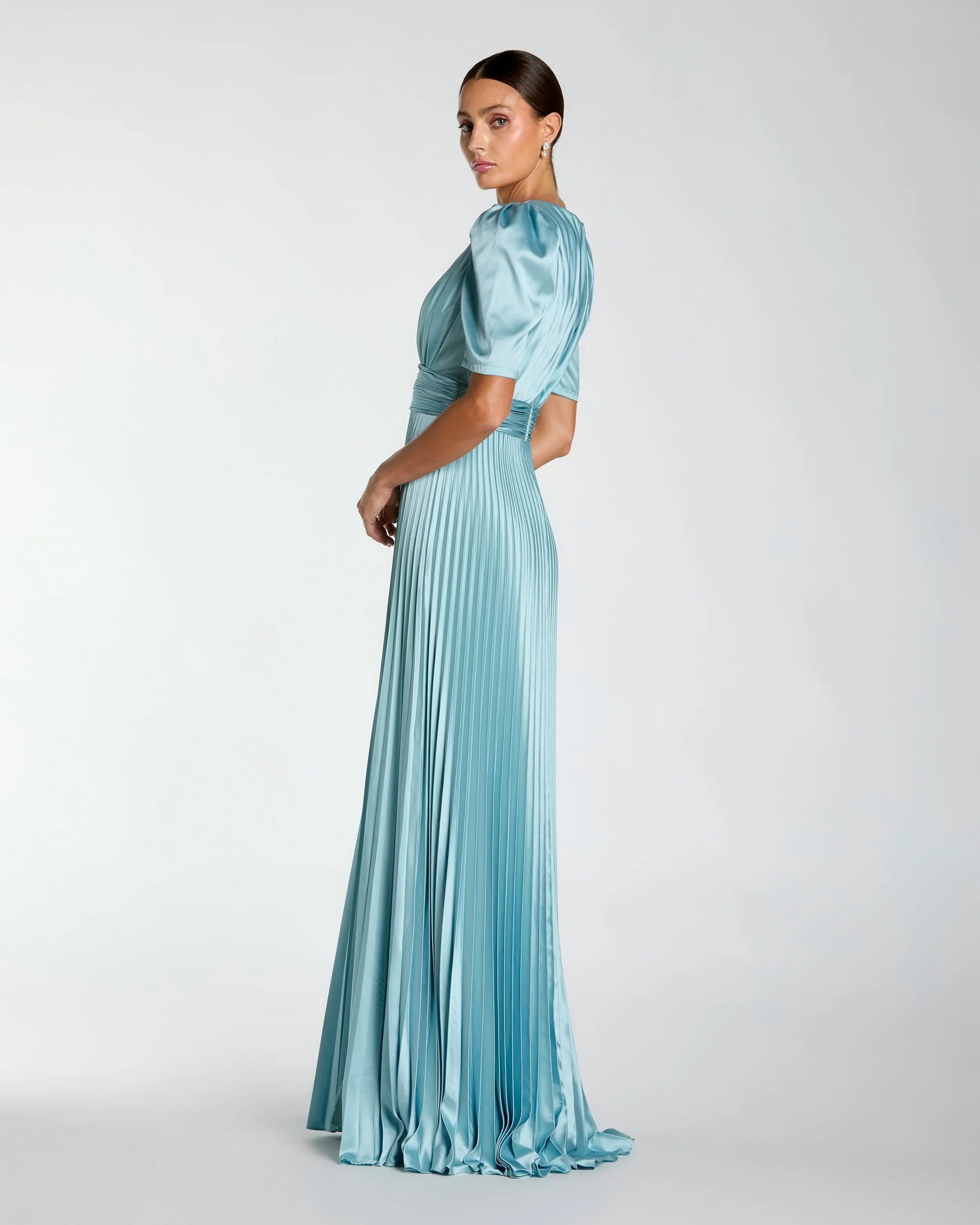Blue Pleated Charmeuse Puff Sleeve Gown With Slit-Myartka