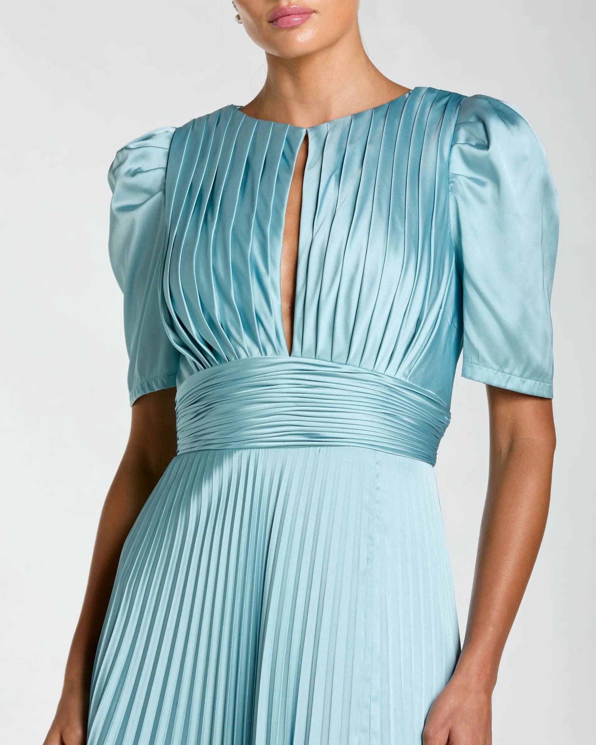 Blue Pleated Charmeuse Puff Sleeve Gown With Slit-Myartka