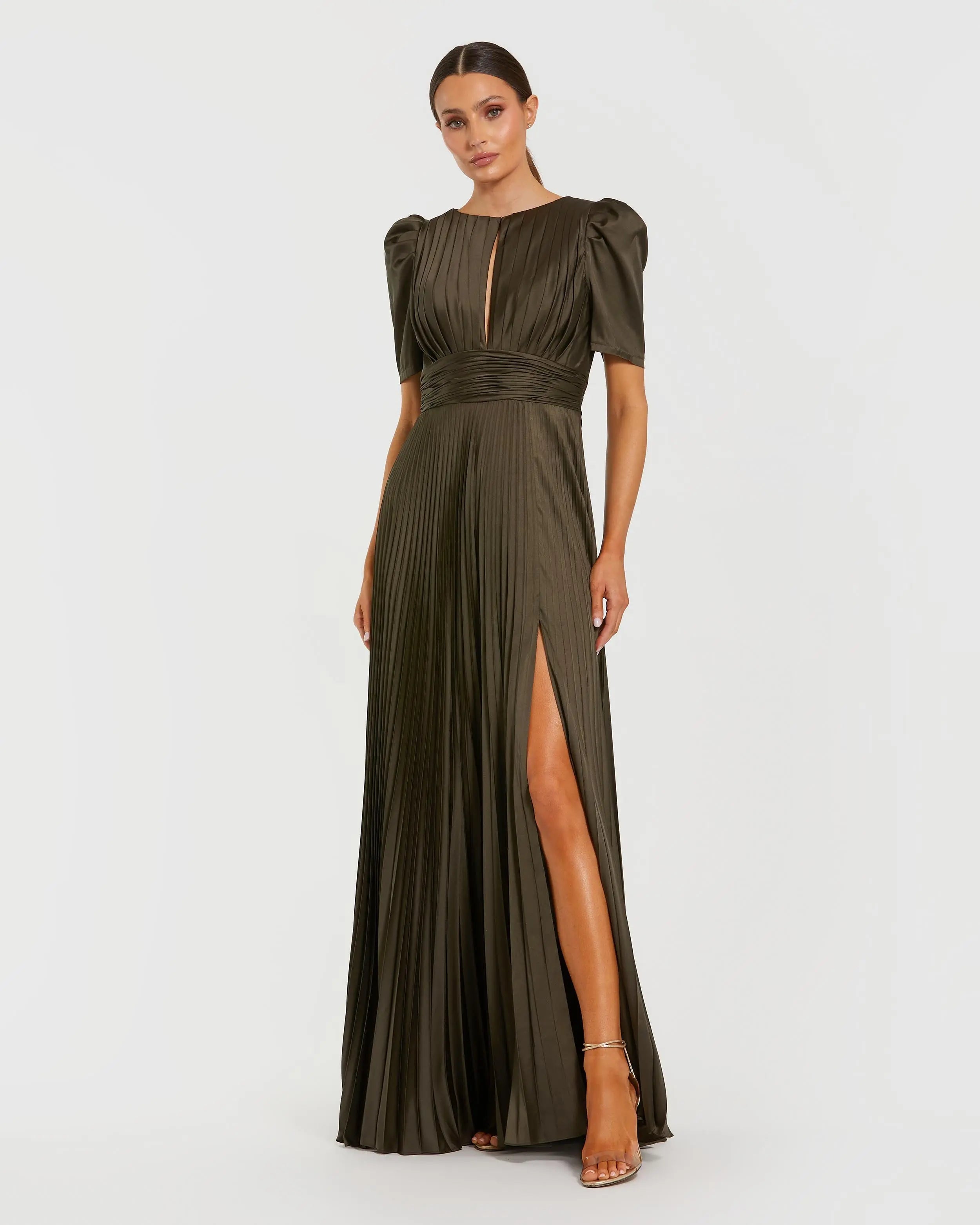 Dark Green Pleated Charmeuse Puff Sleeve Evening Gown With Slit-Myartka