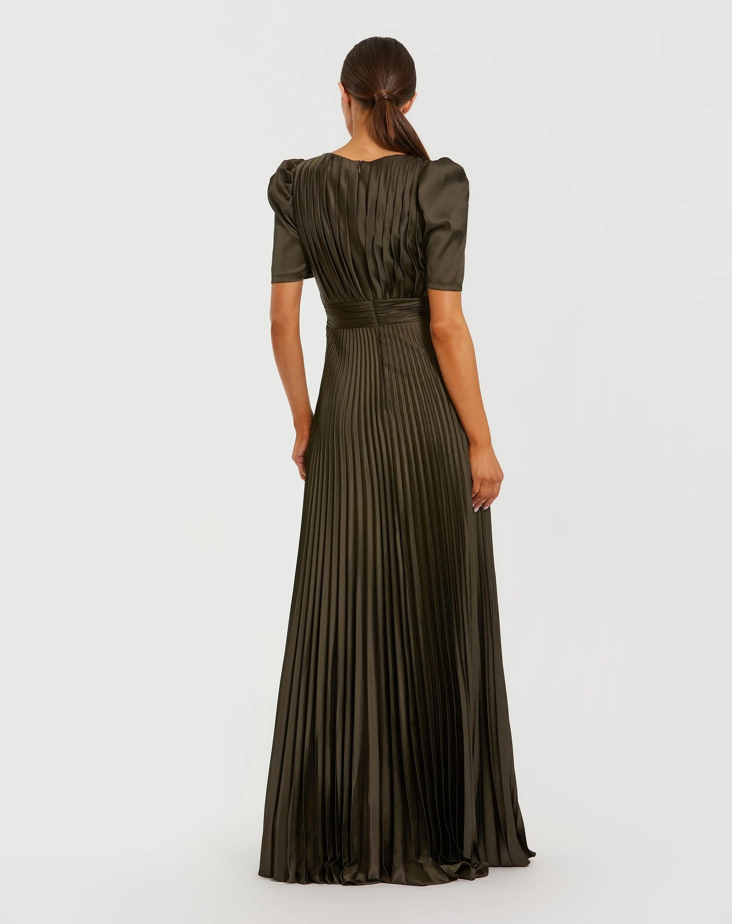 Dark Green Pleated Charmeuse Puff Sleeve Evening Gown With Slit-Myartka