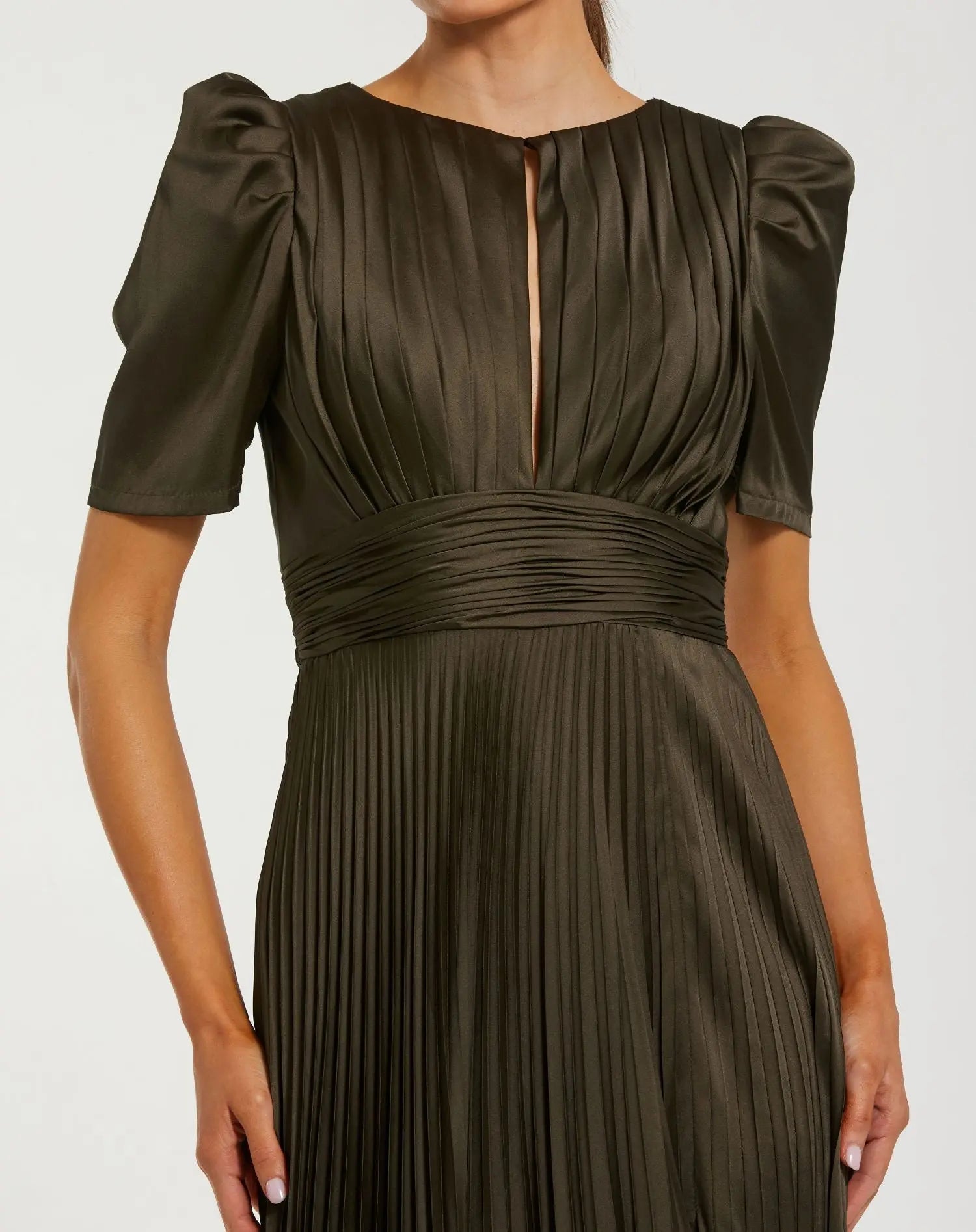 Dark Green Pleated Charmeuse Puff Sleeve Evening Gown With Slit-Myartka