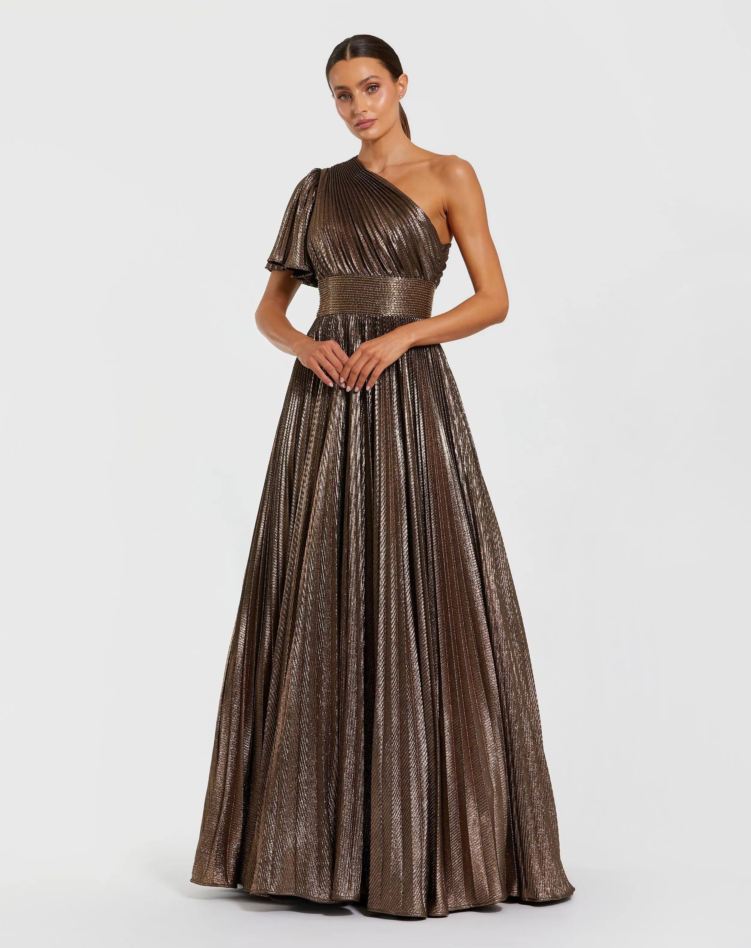 Brown One Shoulder Pleated Metallic Ball Gown-Myartka