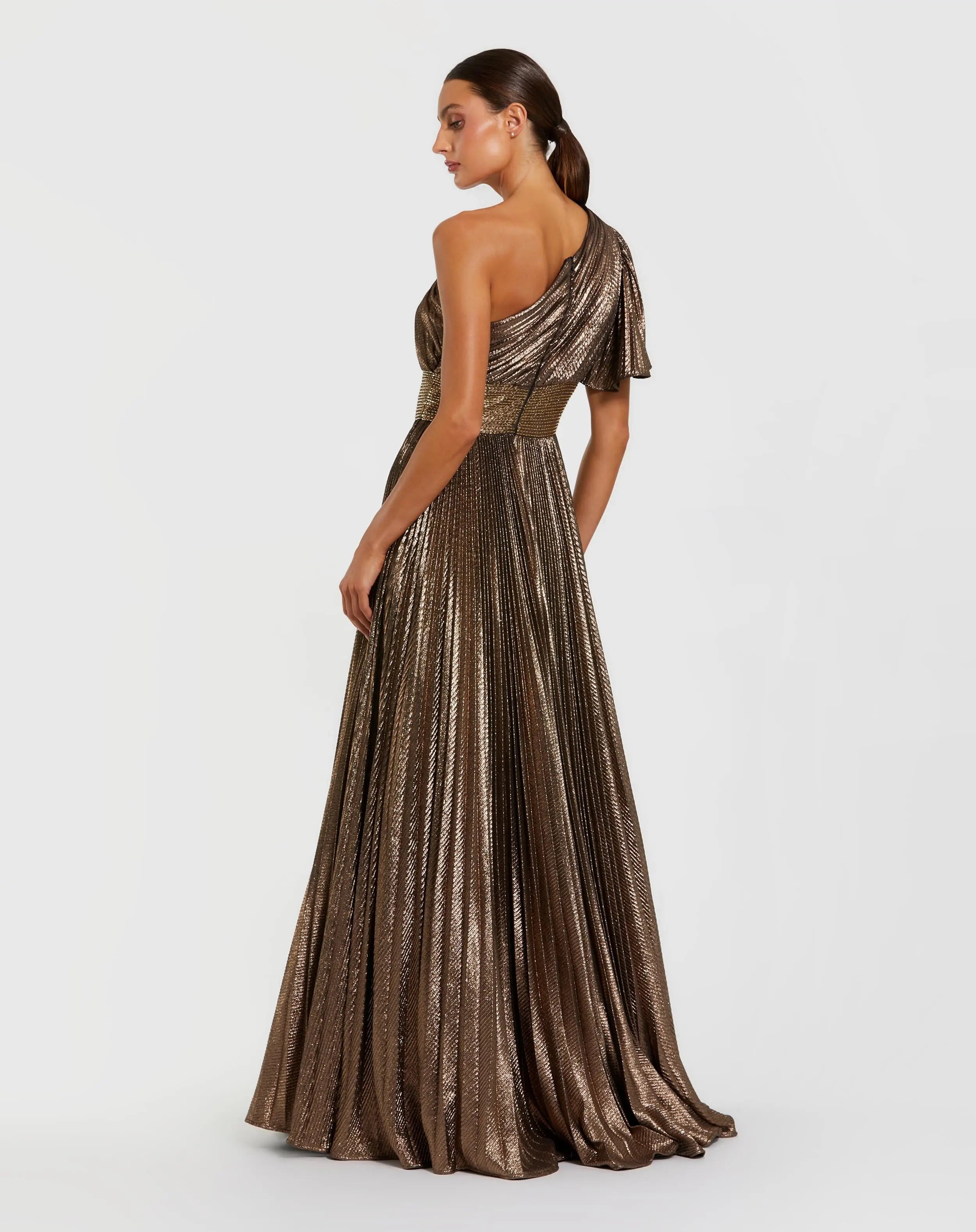 Brown One Shoulder Pleated Metallic Ball Gown-Myartka