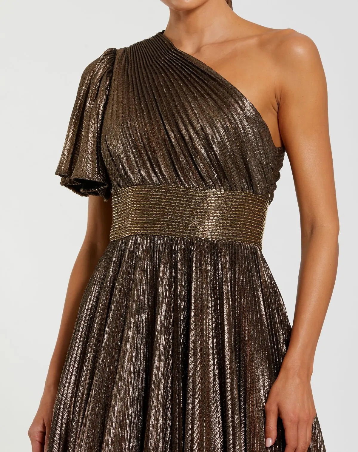 Brown One Shoulder Pleated Metallic Ball Gown-Myartka