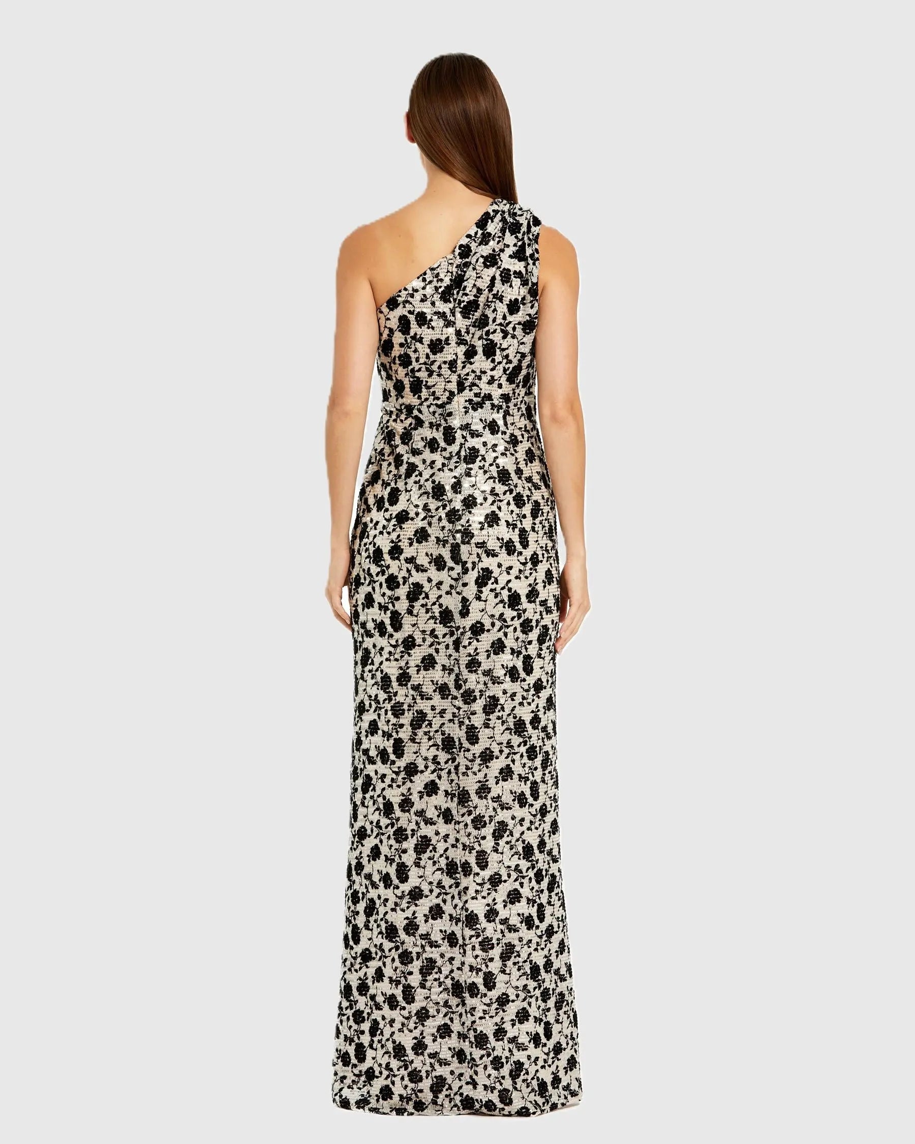 Beige One Shoulder Sequin Gown with Floral Velvet Detail-Myartka