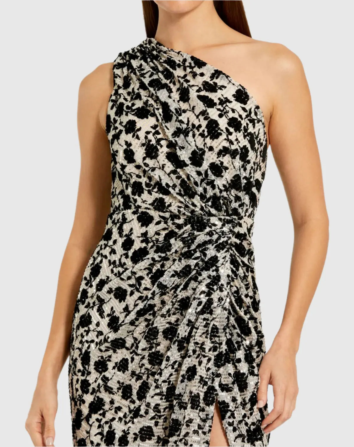 Beige One Shoulder Sequin Gown with Floral Velvet Detail-Myartka