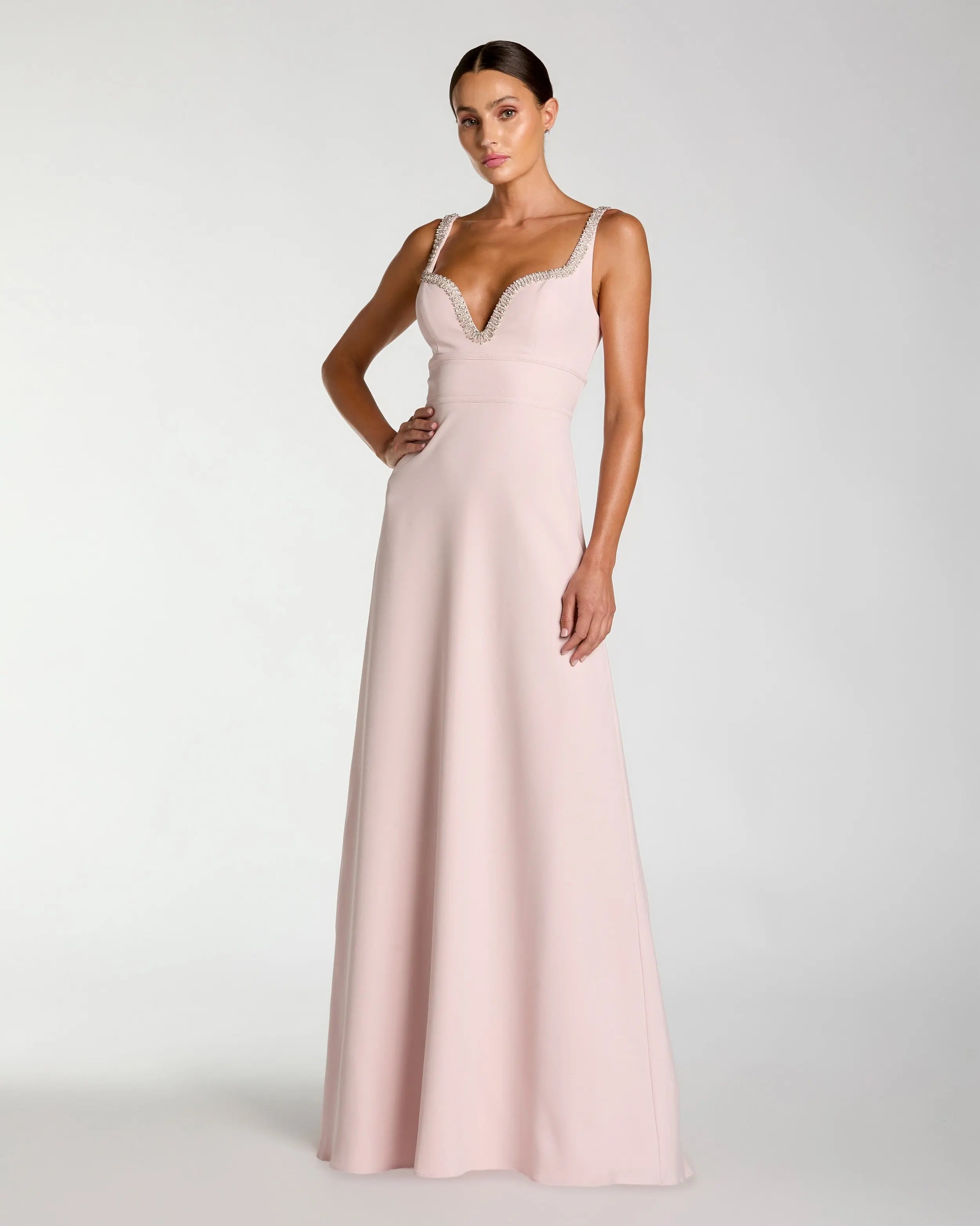 Light Pink Crepe A-Line Gown With Rhinestone Trim-Myartka