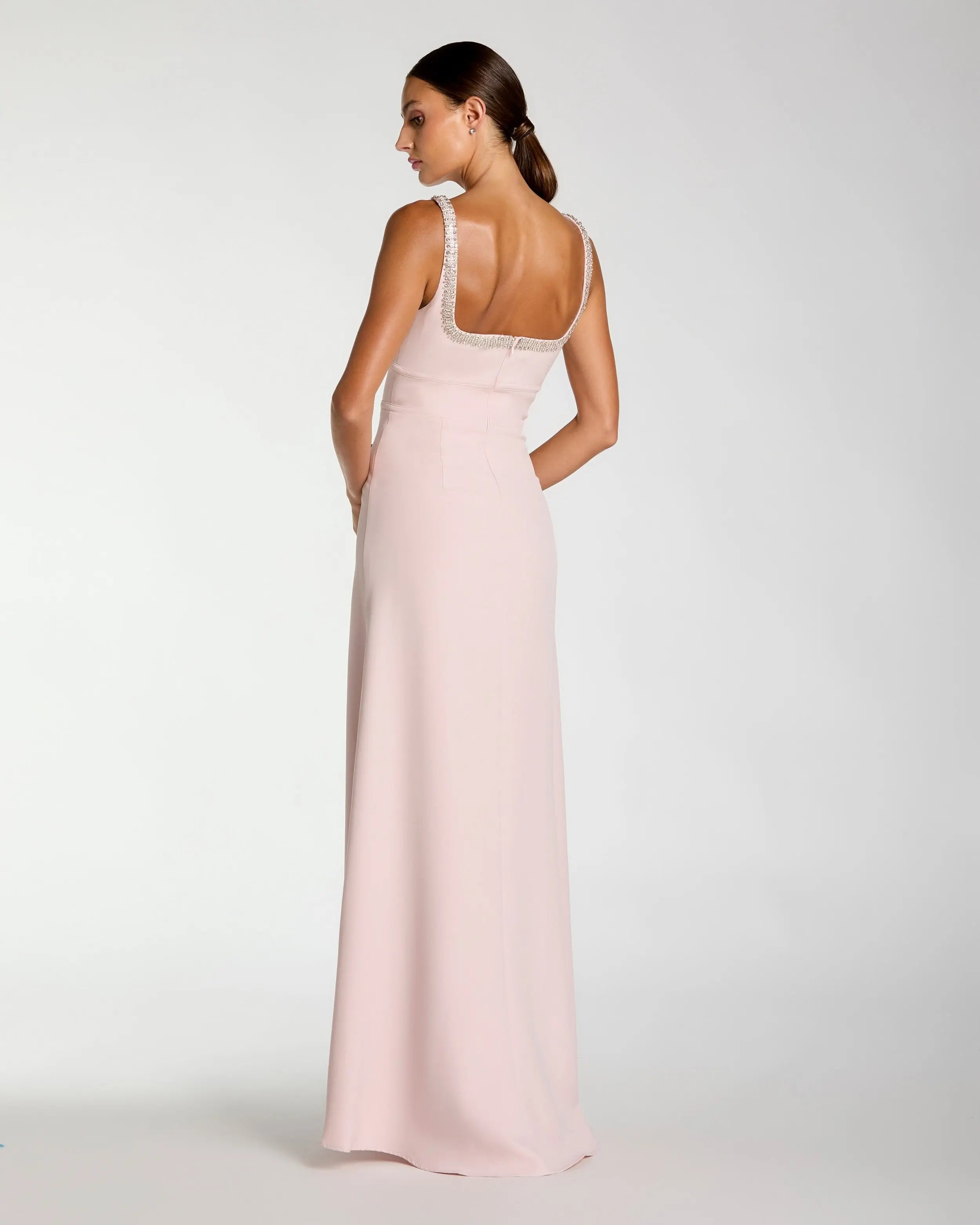Light Pink Crepe A-Line Gown With Rhinestone Trim-Myartka