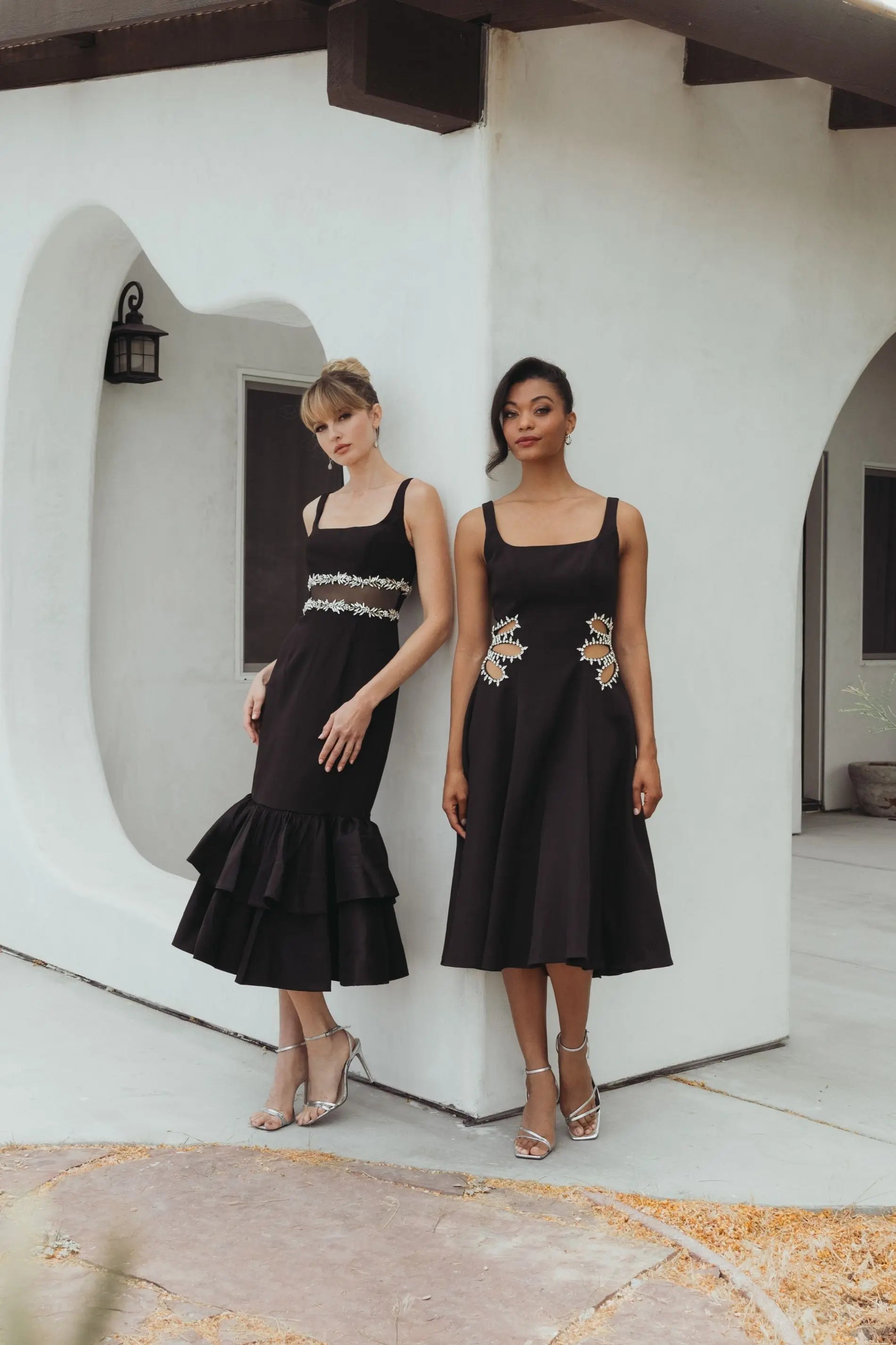 Black Crepe Ruffle Hem Midi Dress With Jewel Detail-Myartka