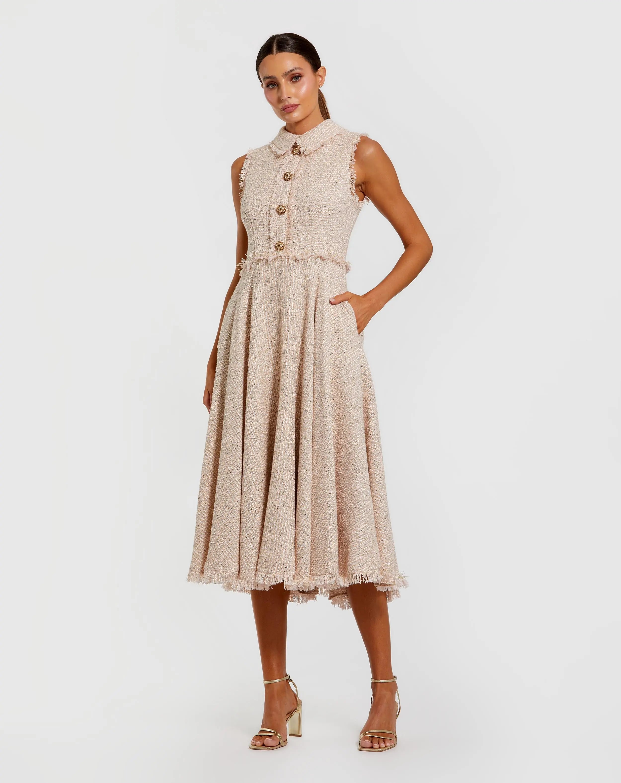 Pink Boucle Sleeveless Collared Button Up Midi Dress-Myartka