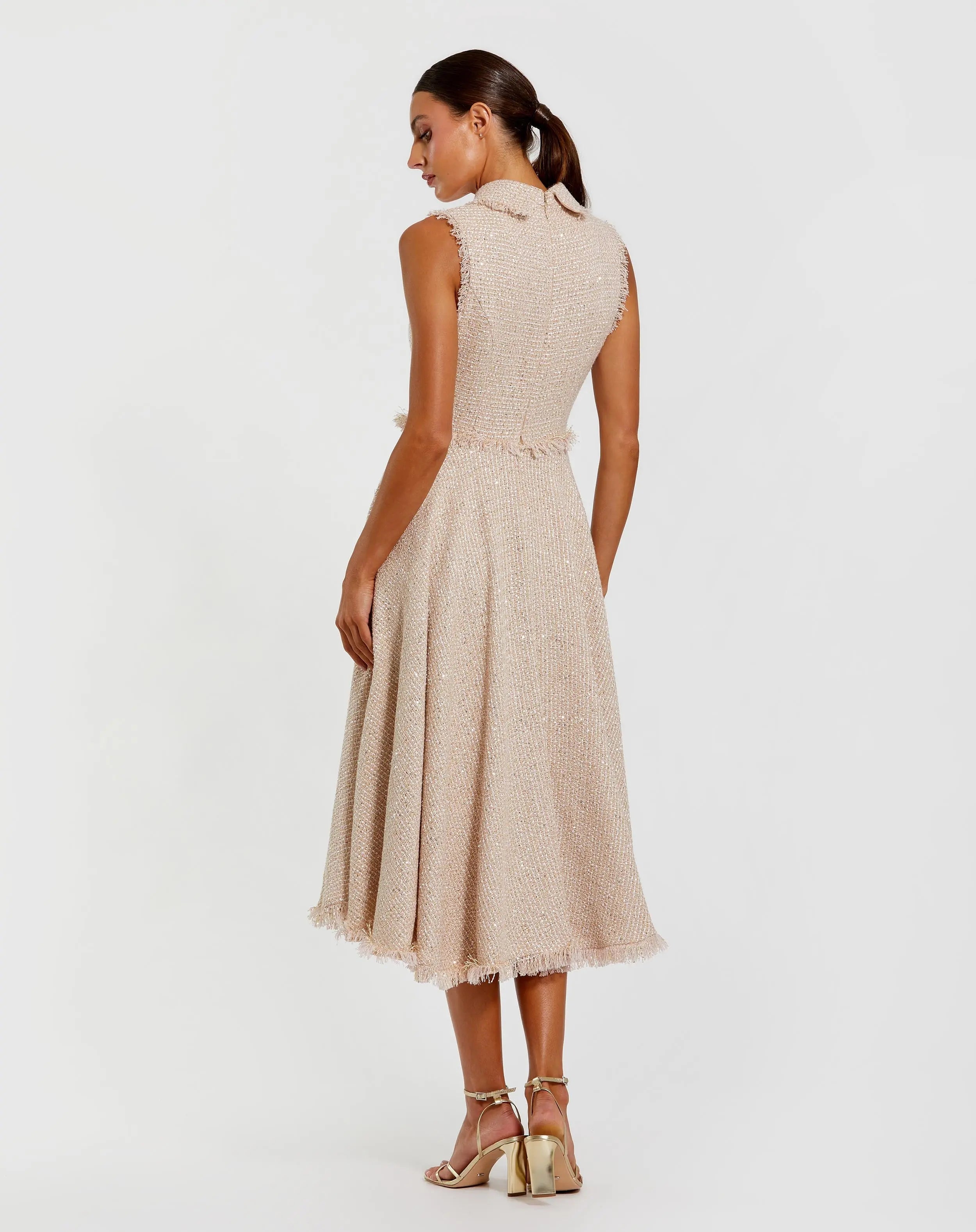 Pink Boucle Sleeveless Collared Button Up Midi Dress-Myartka