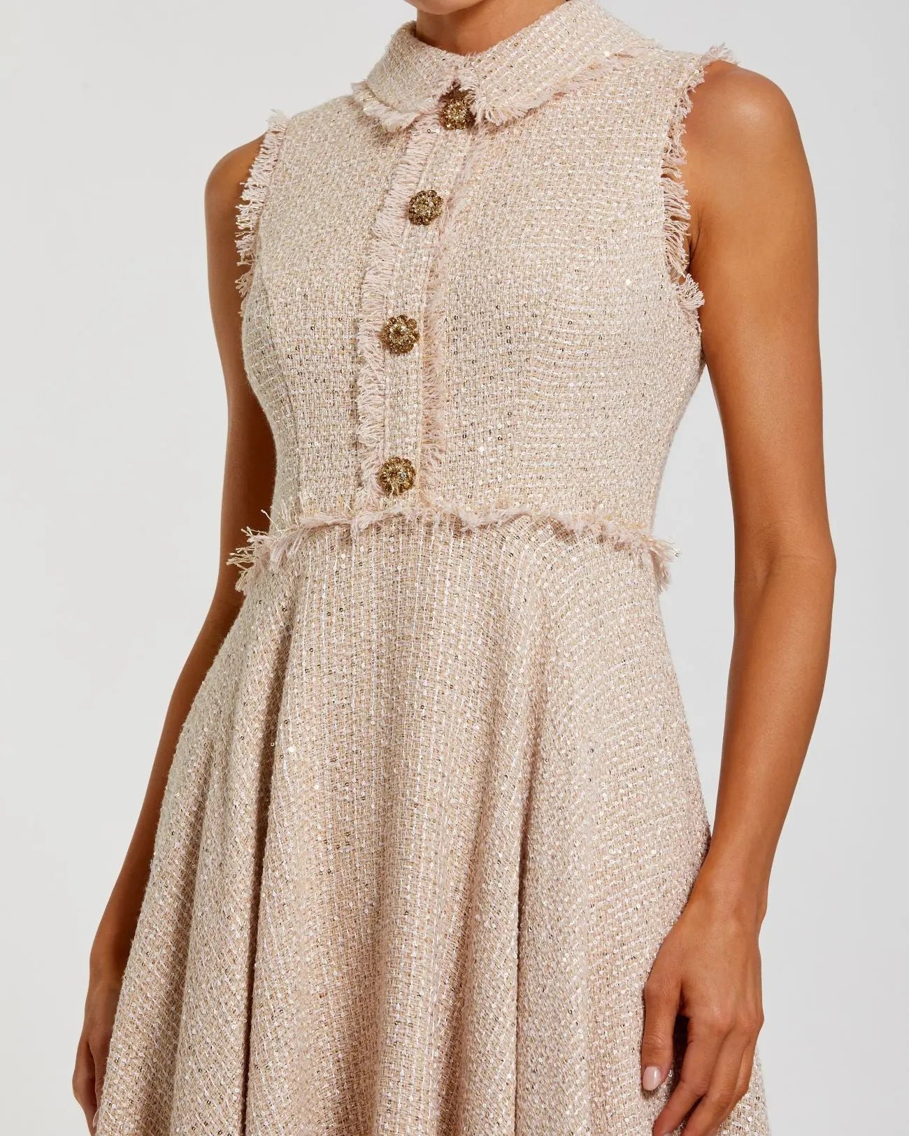 Pink Boucle Sleeveless Collared Button Up Midi Dress-Myartka