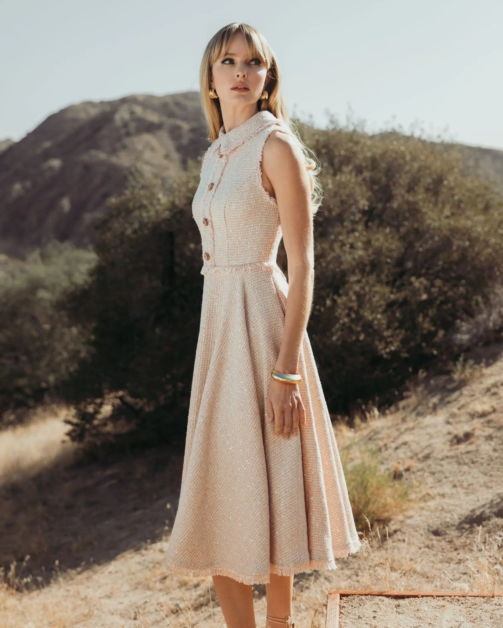 Pink Boucle Sleeveless Collared Button Up Midi Dress-Myartka