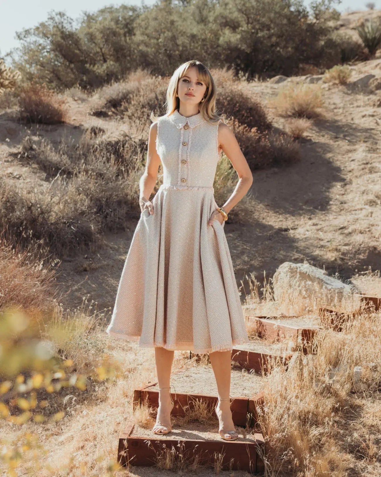 Pink Boucle Sleeveless Collared Button Up Midi Dress-Myartka